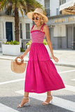 Women Floral Embroidered Maxi Dress Sleeveless Tie Shoulder Smocked Flowy Dress Boho Summer Sundresses with Pockets