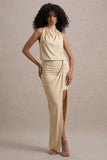 Hayden Sand High Neck Draped Split Maxi Dress