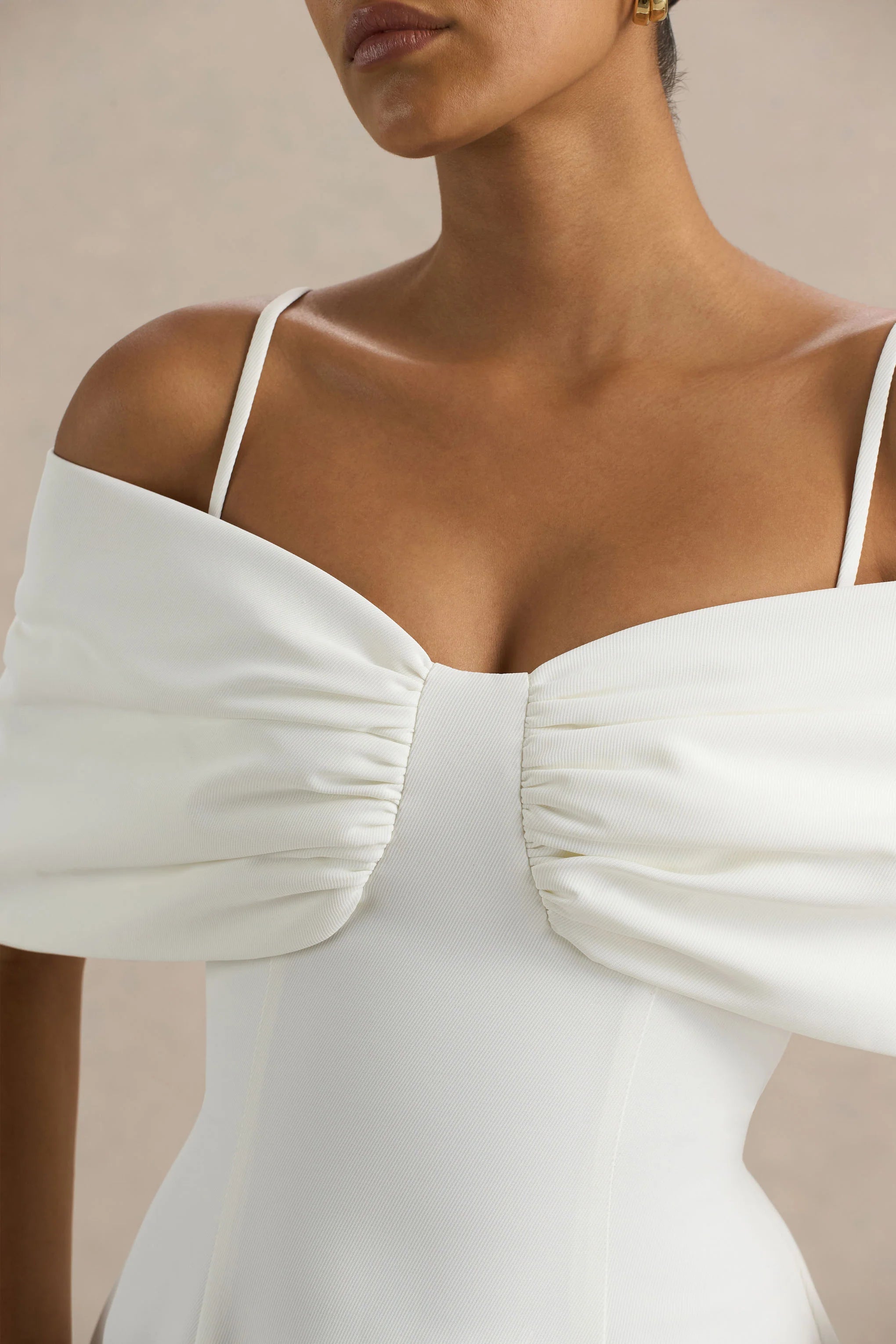 Hettie White Short Sleeve Bardot Midi Dress With Bow Detail