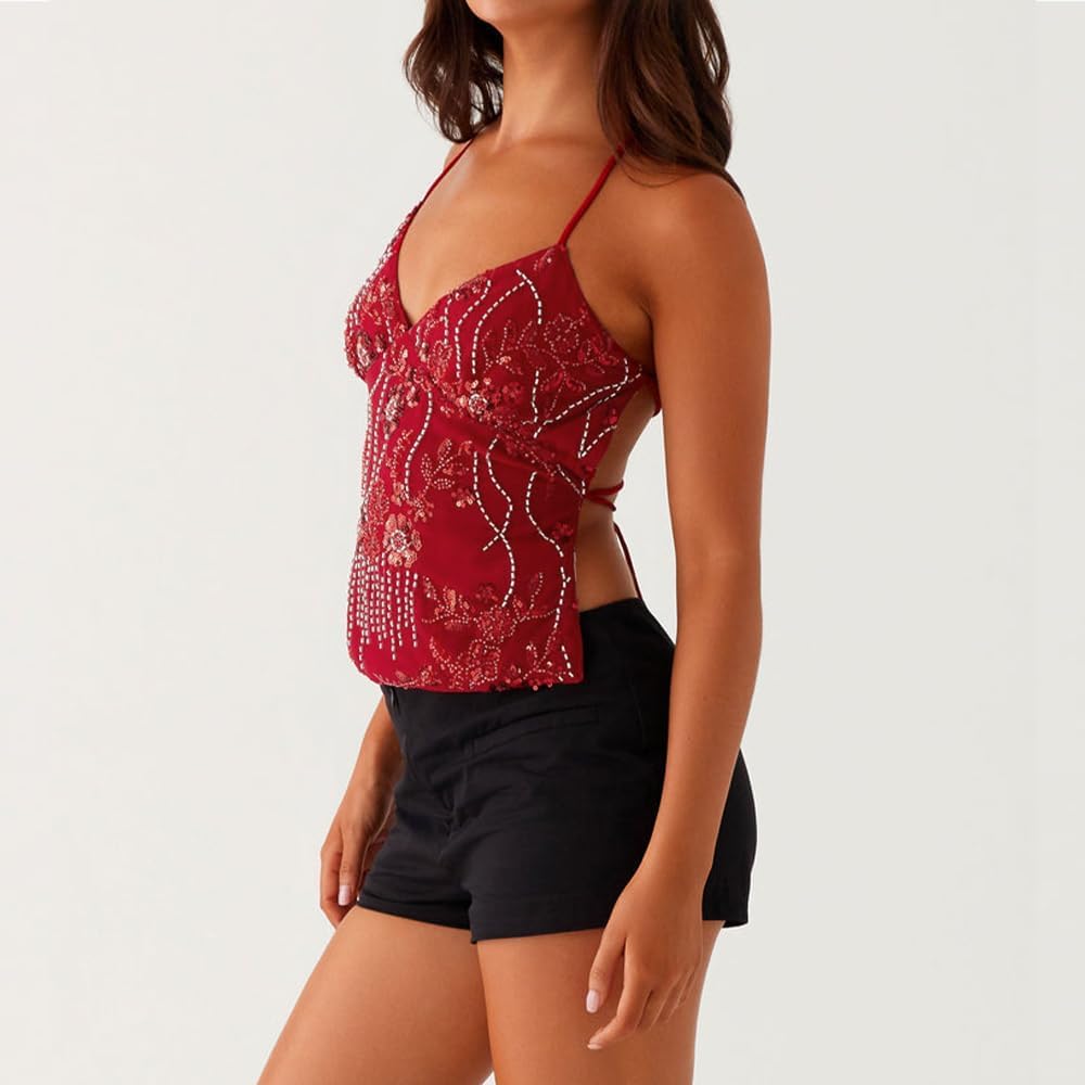 Women Sequin Beaded Cami Top V Neck Backless Criss Cross Straps Crop Tops Summer Going Out Clubwear