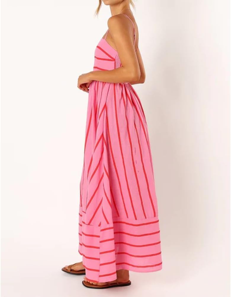 Women Striped Maxi Dress Sleeveless Backless Cutout Smocked Sundress Spaghetti Straps Boho Flowy Dresses