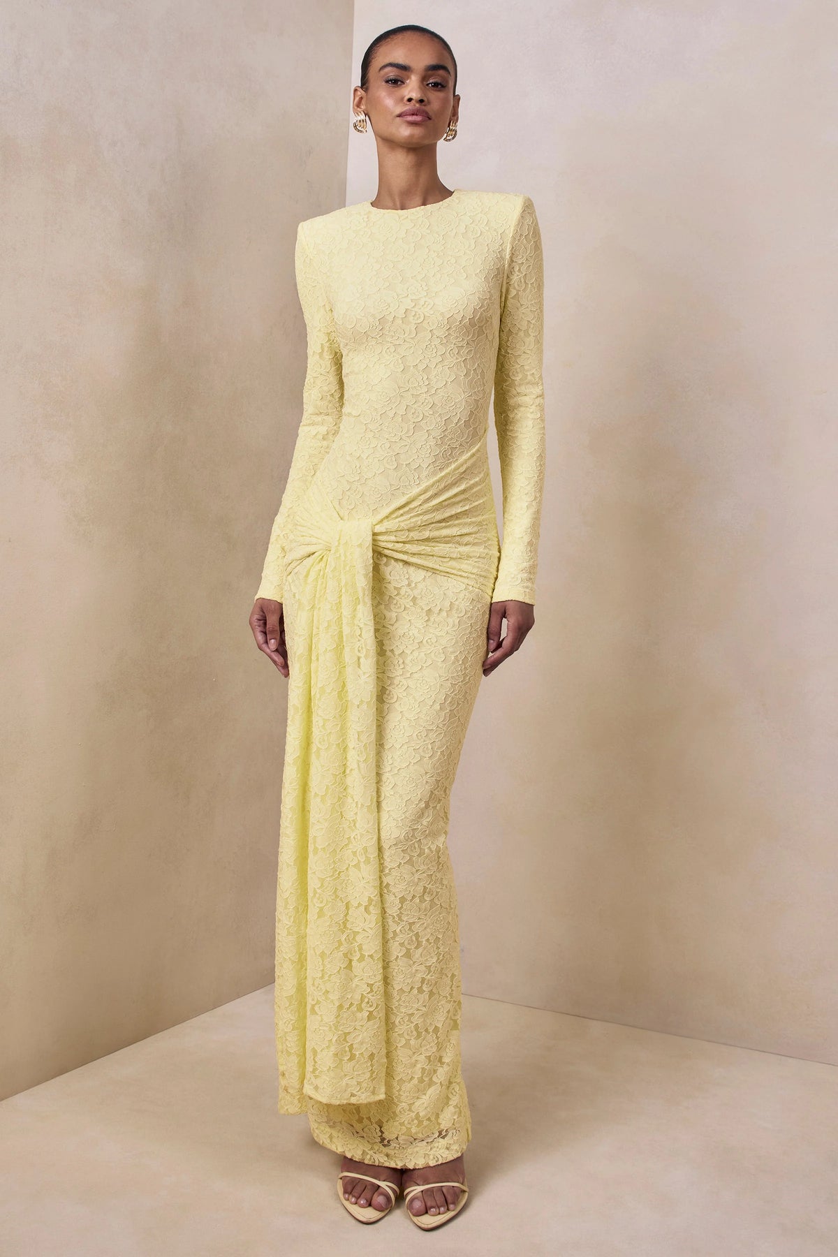 Evangela Lemon Lace Crew Neck Maxi Dress With Wrap Detail