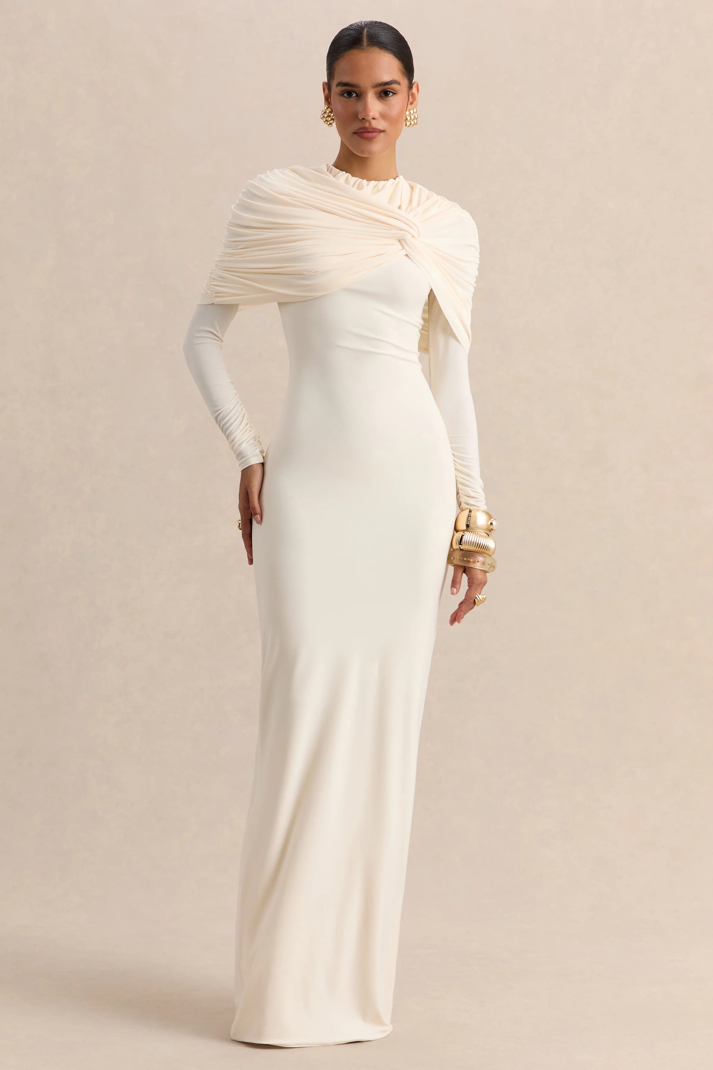 Evessa Cream Crew Neck Maxi Dress With Gathered Detailing