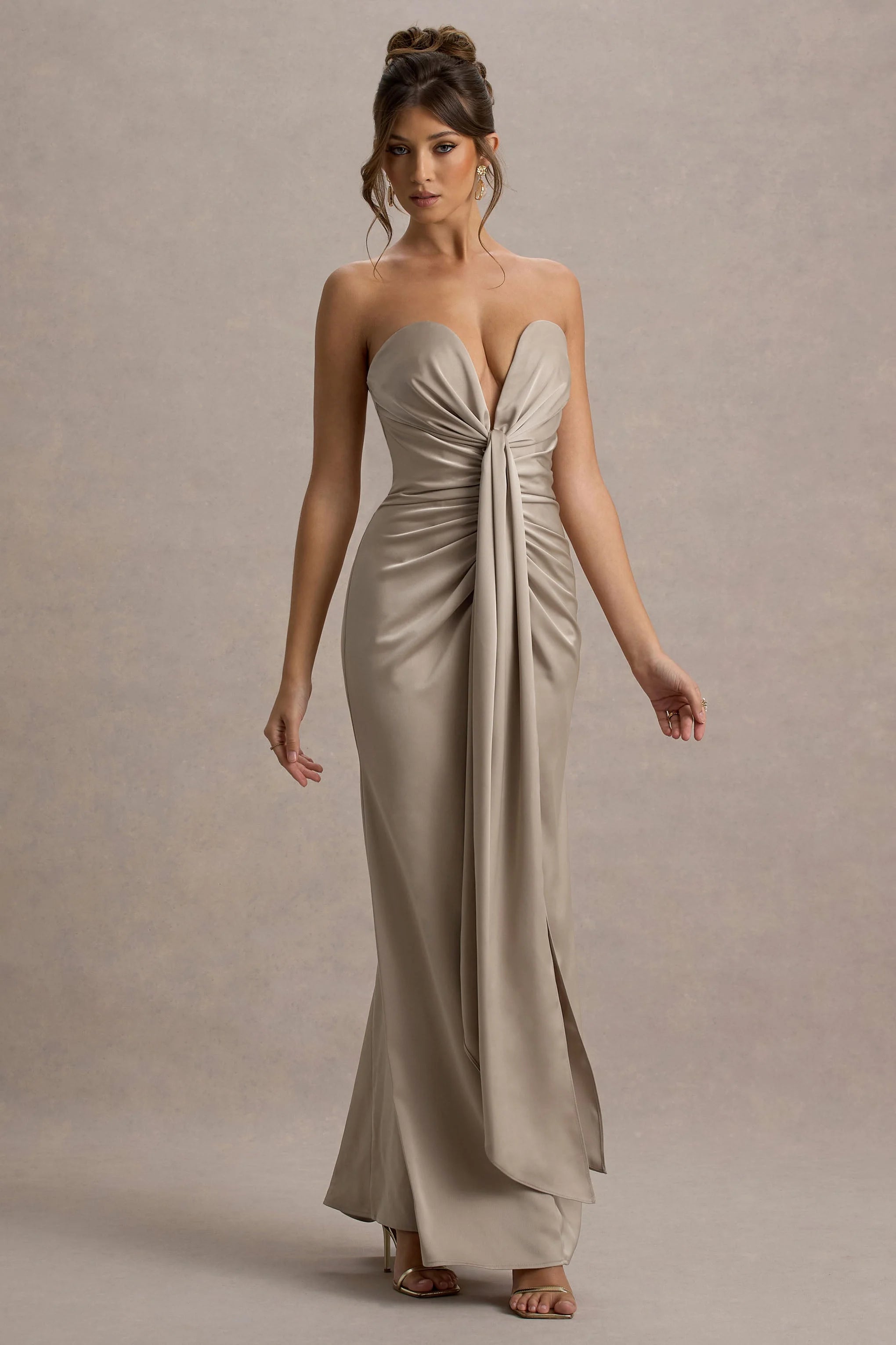 Mackenzie Champagne Satin Plunge Neck Draped Maxi Dress