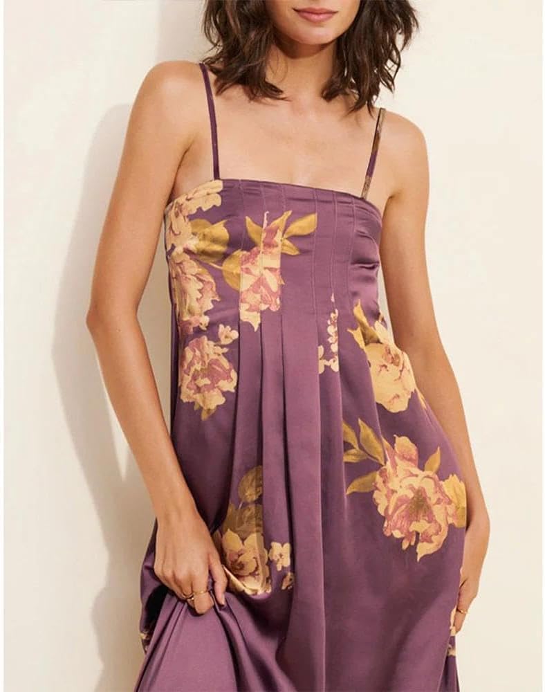 Women Boho Floral Maxi Dress Backless Spaghetti Strap A Line Flowy Summer Vacation Long Dress