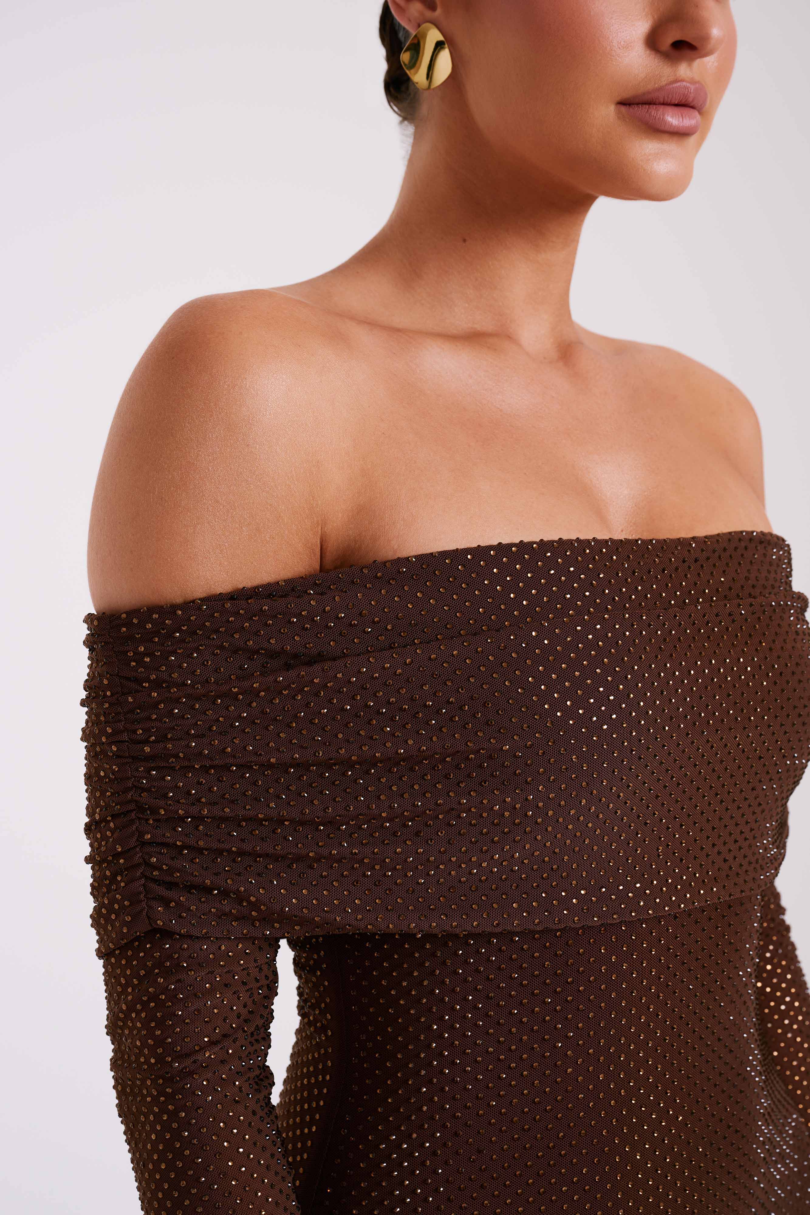 Marcel Off Shoulder Diamante Maxi Dress Chocolate