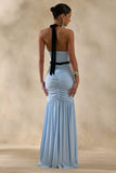 Cosmina Powder Blue Plunge Neck Maxi Dress With Bow Detail