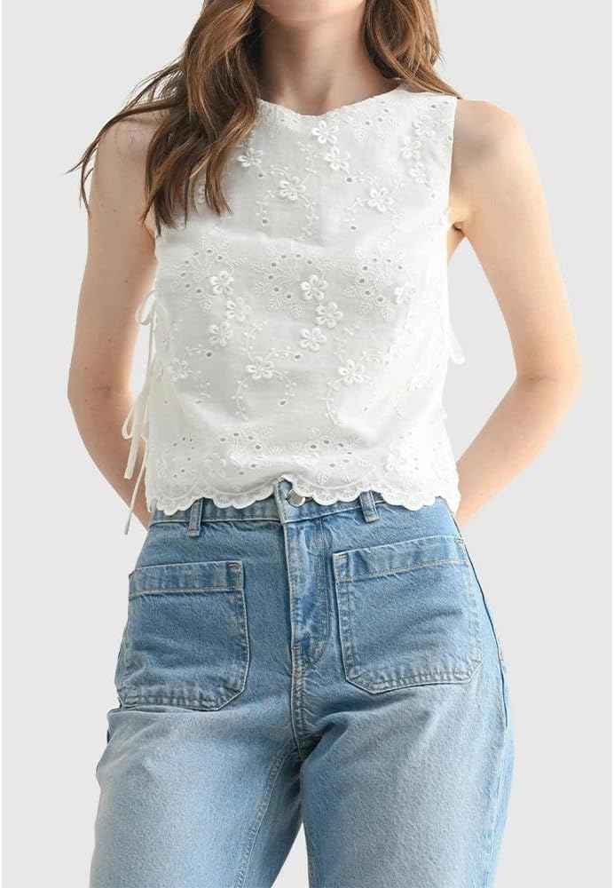 Women Eyelet Embroidered Tank Top Sleeveless Side Tie Summer Going Out Crop Top