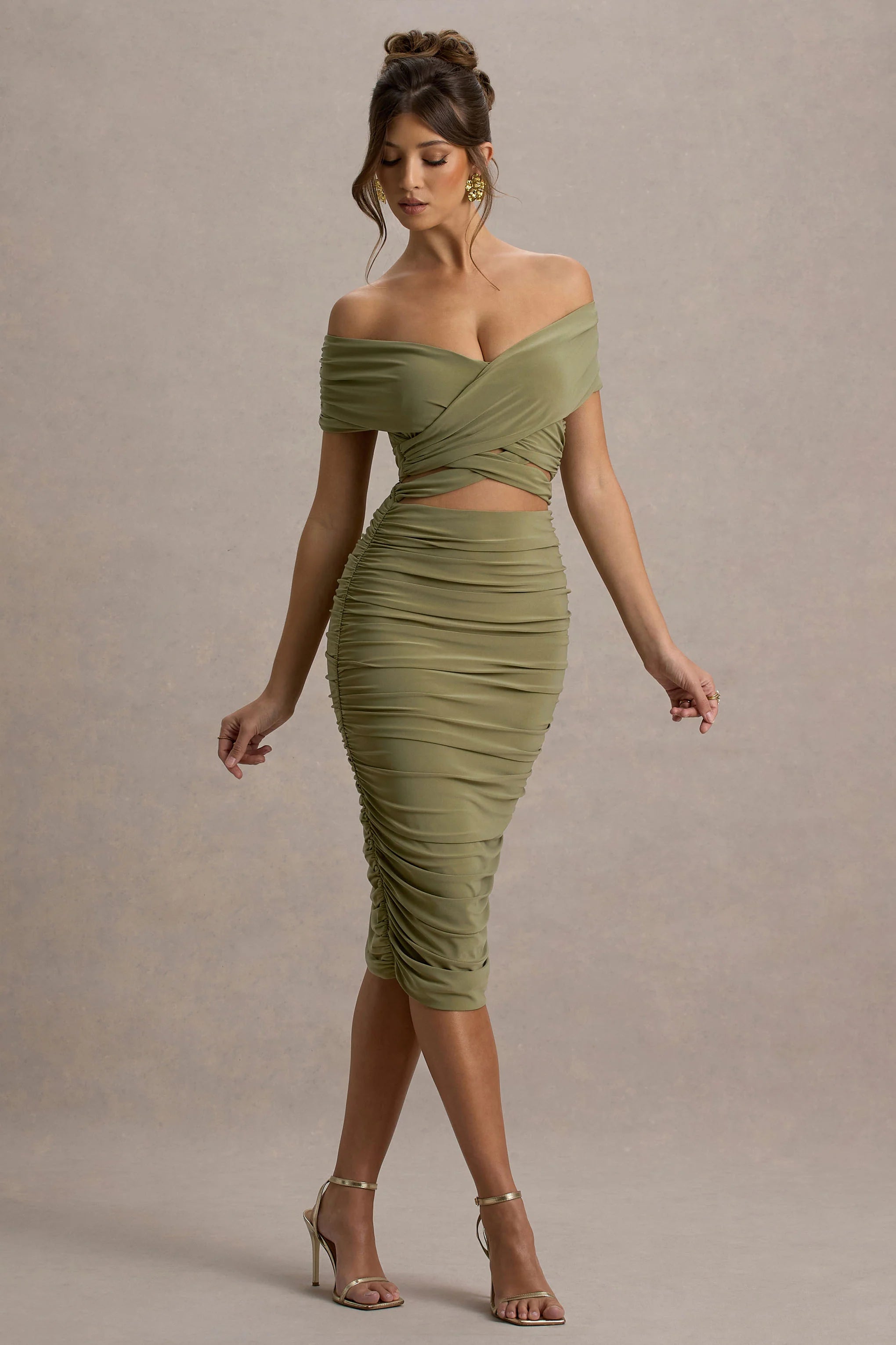 Clovette Olive Ruched Bardot Cut Out Midi Dress