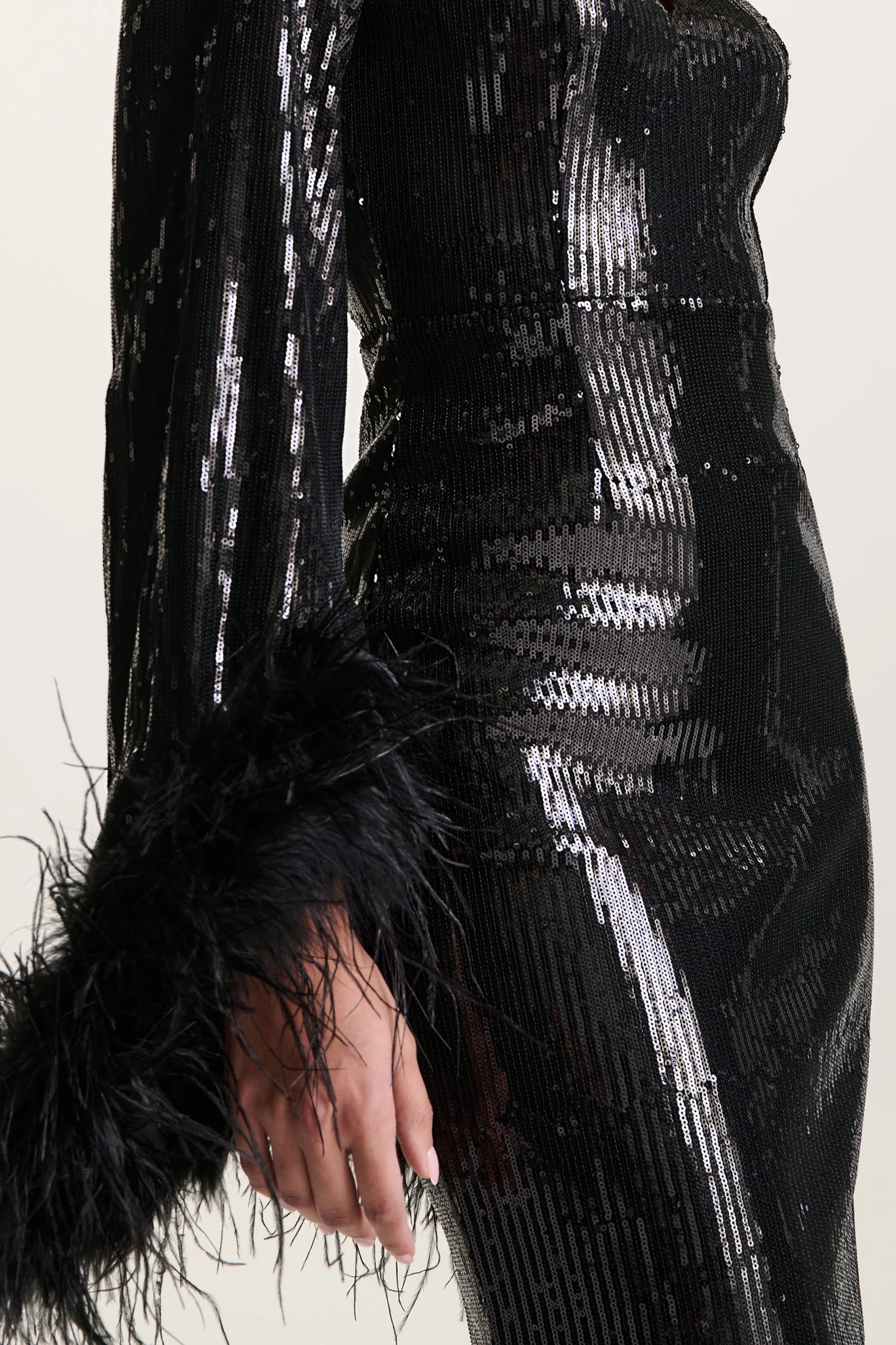 Cosmic Star Black Sequin High Neck Maxi Dress With Feather Cuffs