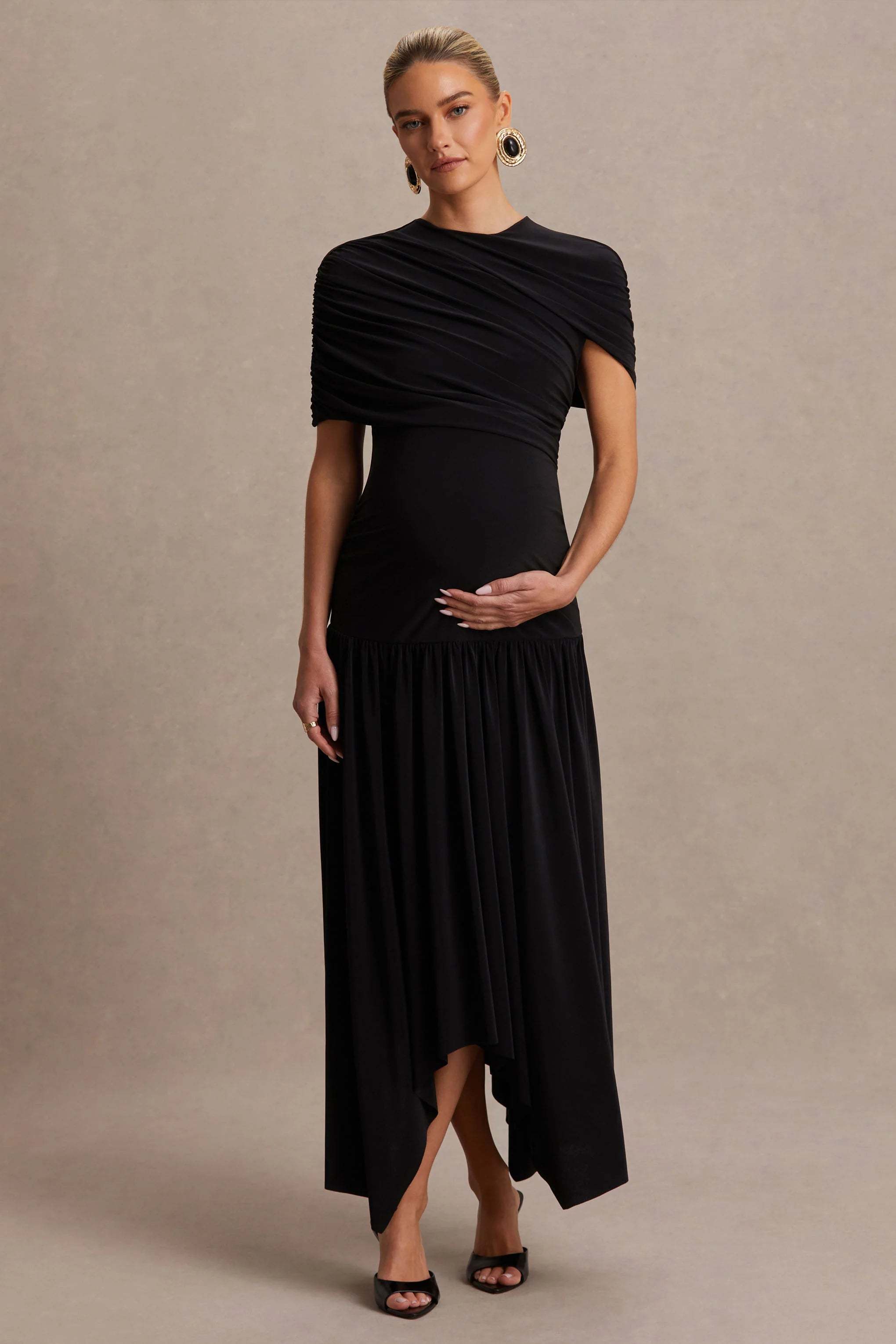 Eleni Black Crew Neck Maternity Maxi Dress With Cape Sleeves And Drop Waist