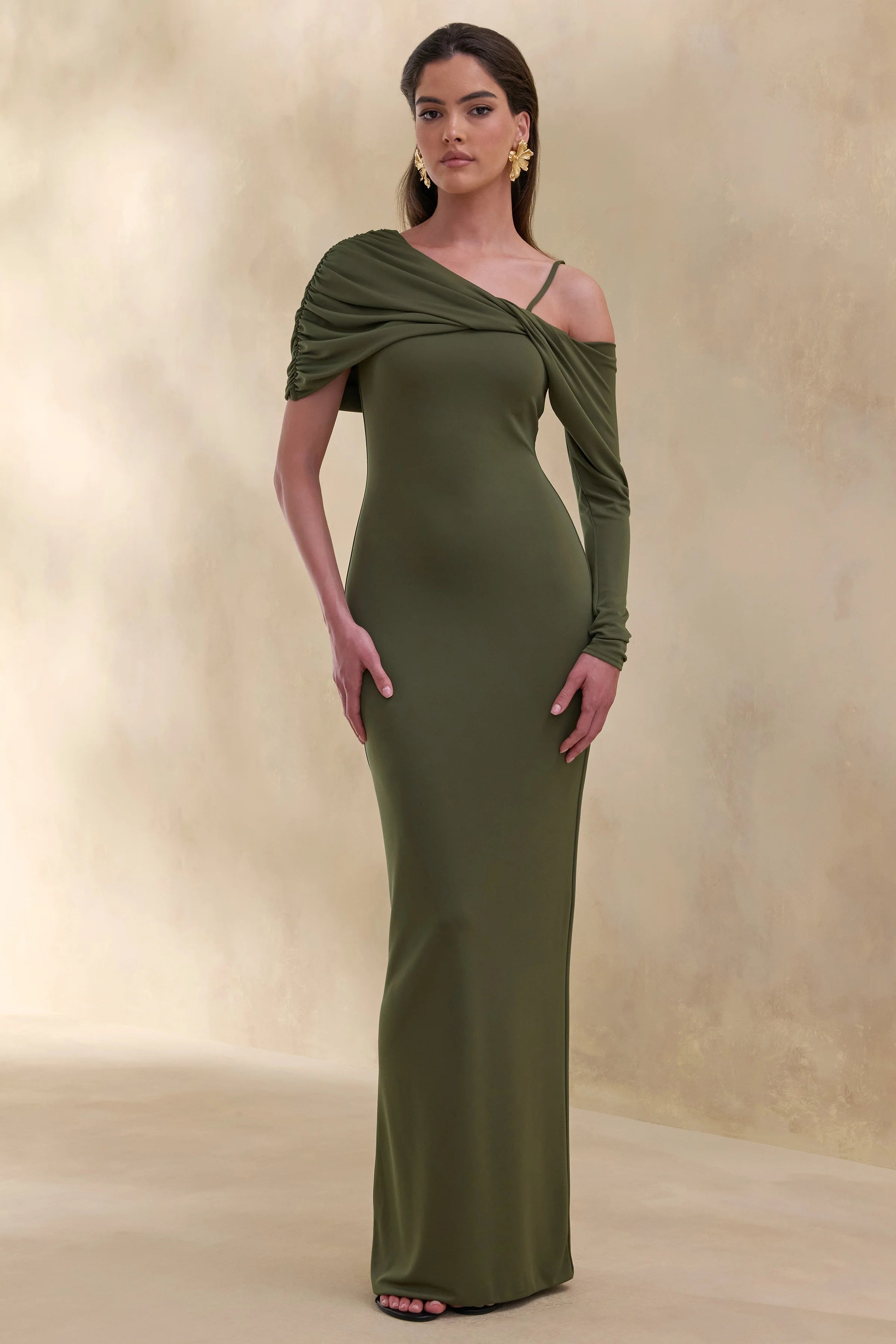 Silvaria Olive Twisted Asymmetric Neck Maxi Dress