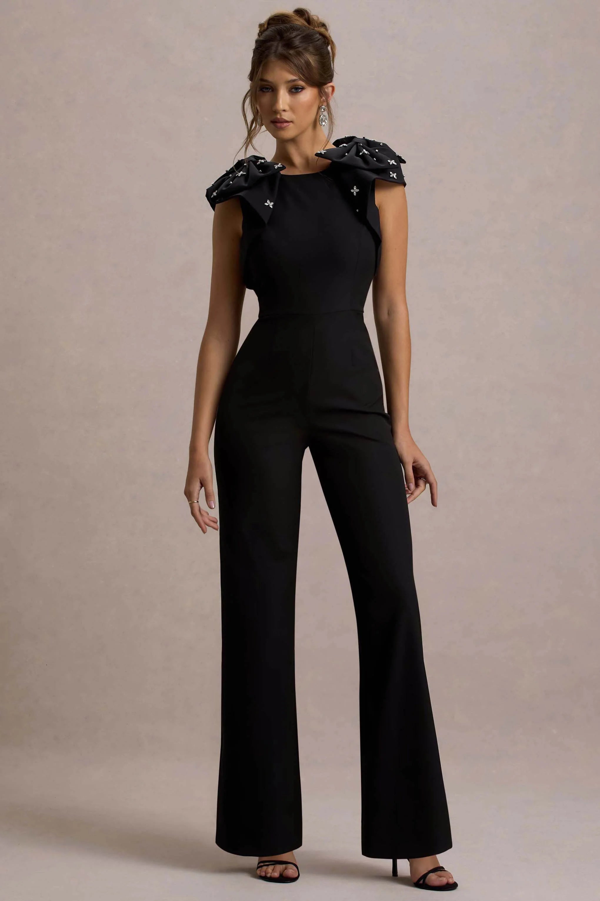 Elma Black Straight Leg Jumpsuit With Embellished Bows