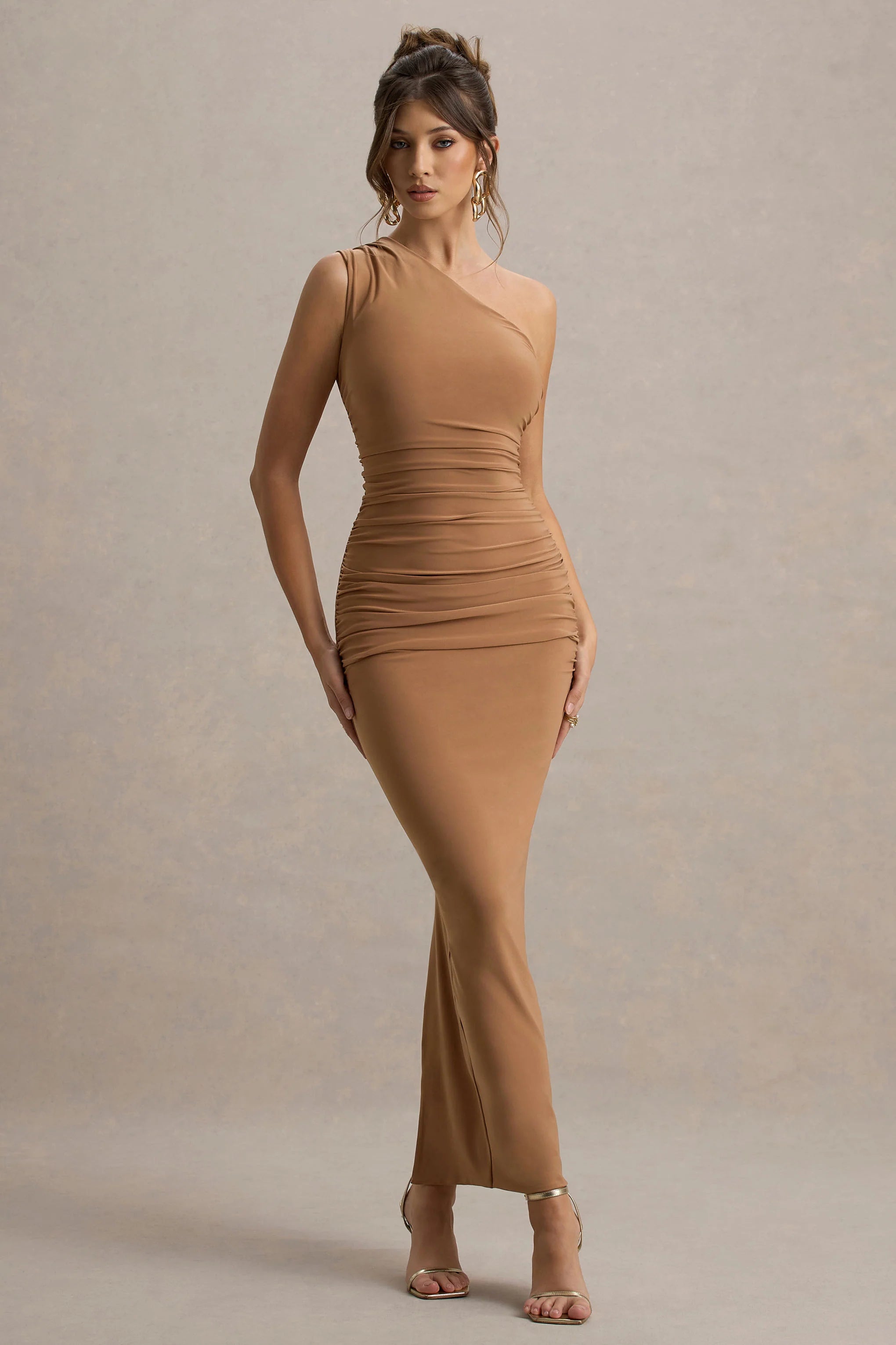 Dalarie Brown One Shoulder Gathered Maxi Dress