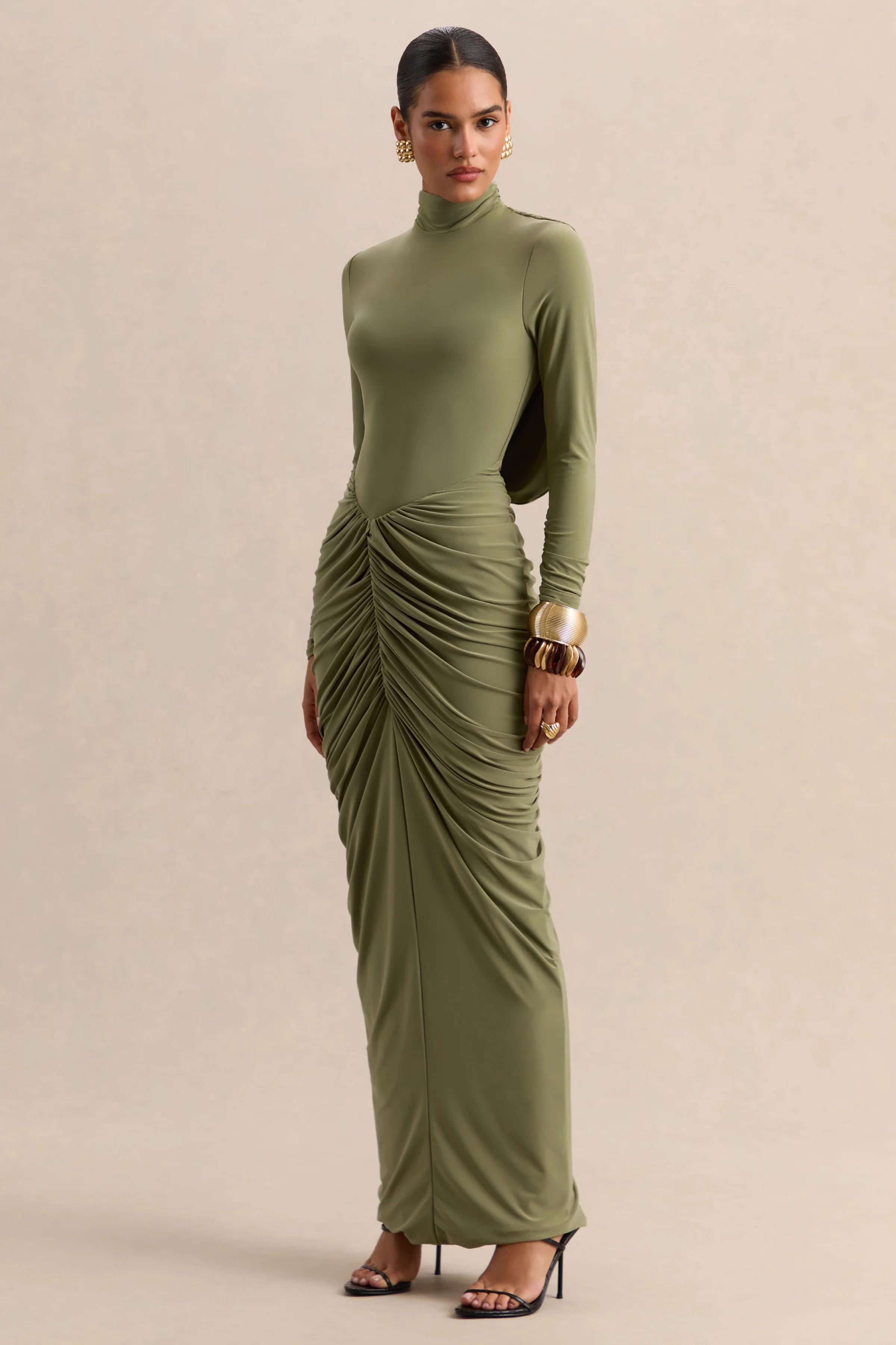 Harmona Olive High Neck Maxi Dress With Gathered And Draped Detailing