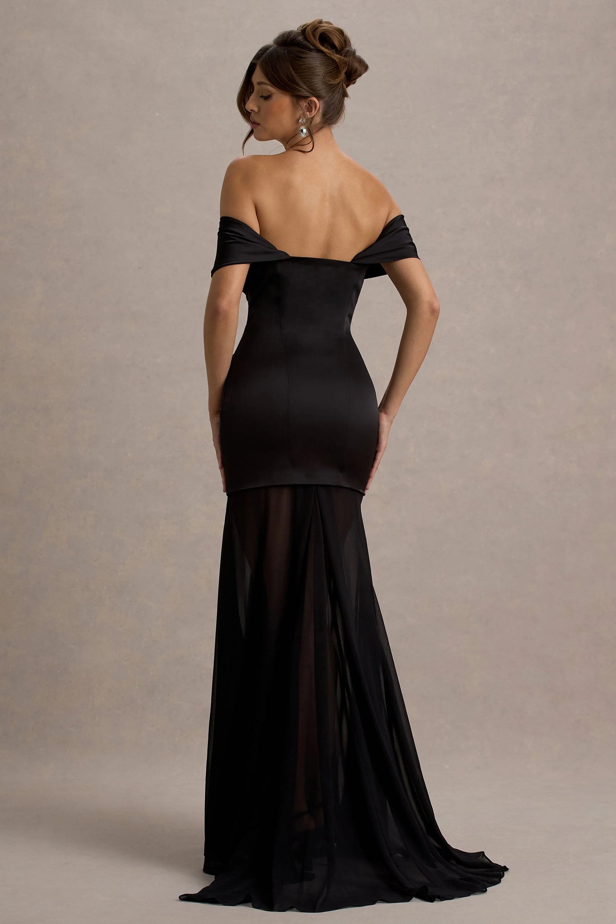 Anders Black Satin Bardot Maxi Dress With Sheer Skirt