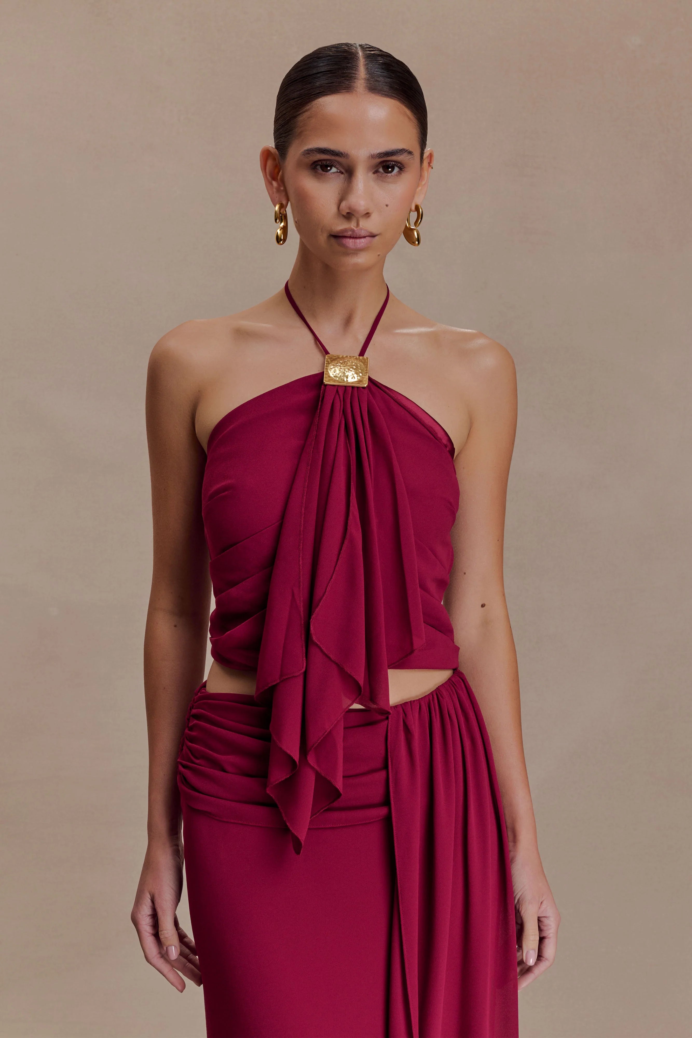 Celina Chiffon Halter Top With Hardware Cherry Red