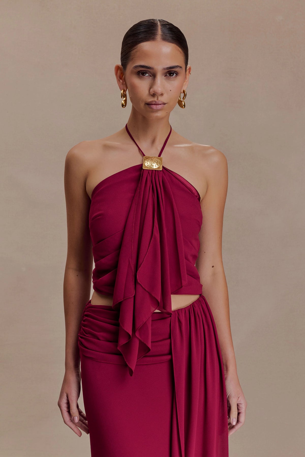Celina Chiffon Halter Top With Hardware Cherry Red