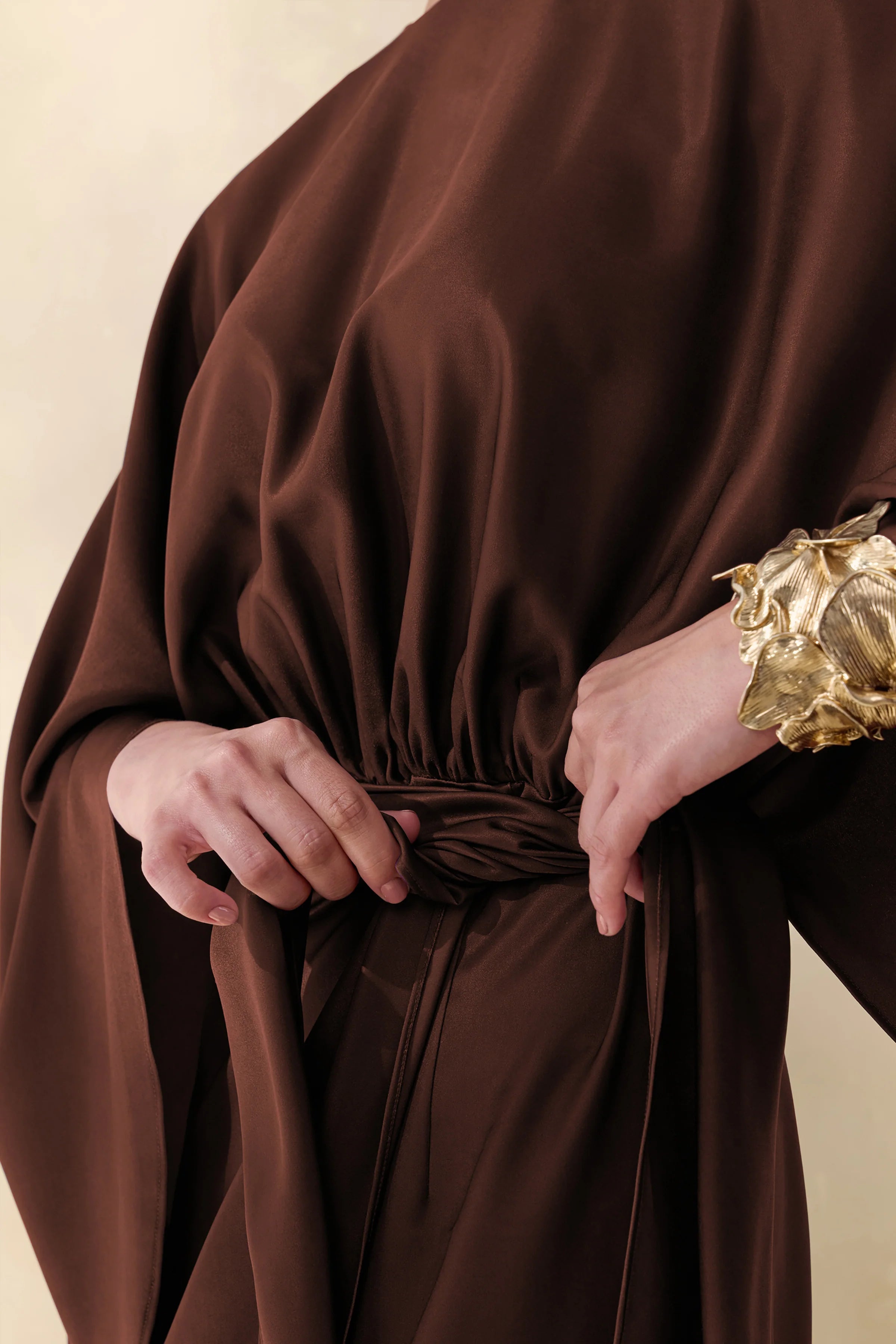 Delphina Brown Satin Maxi Dress With Gathered And Knot Detail