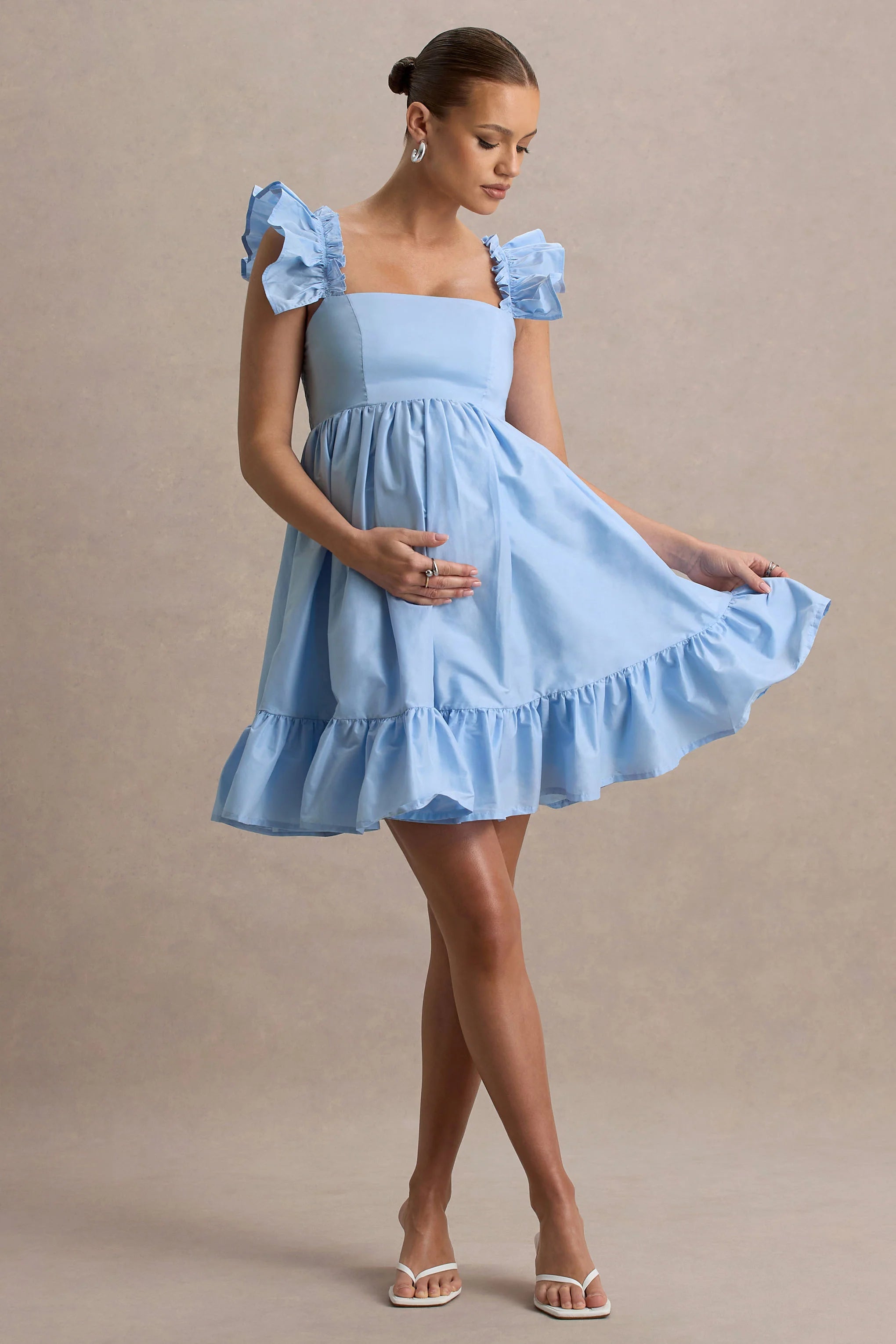 Dolly Daze Powder Blue Ruffle Sleeve Babydoll Maternity Mini Dress