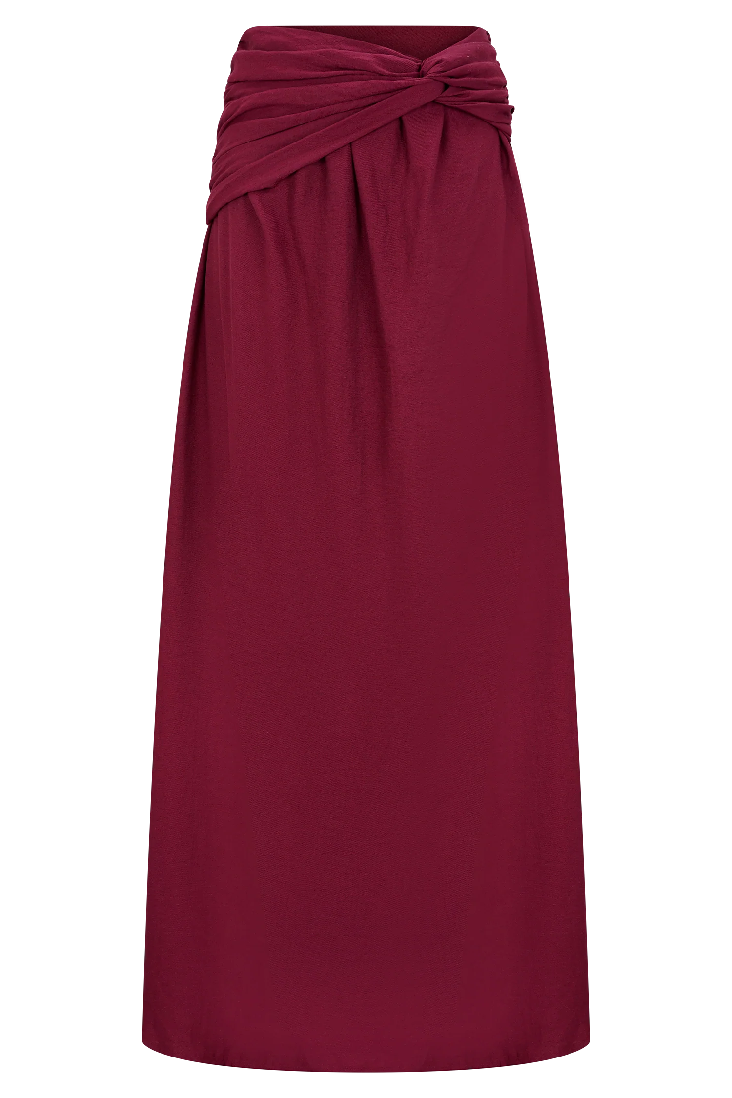 Scottie Gathered Linen Knot Maxi Skirt Wine
