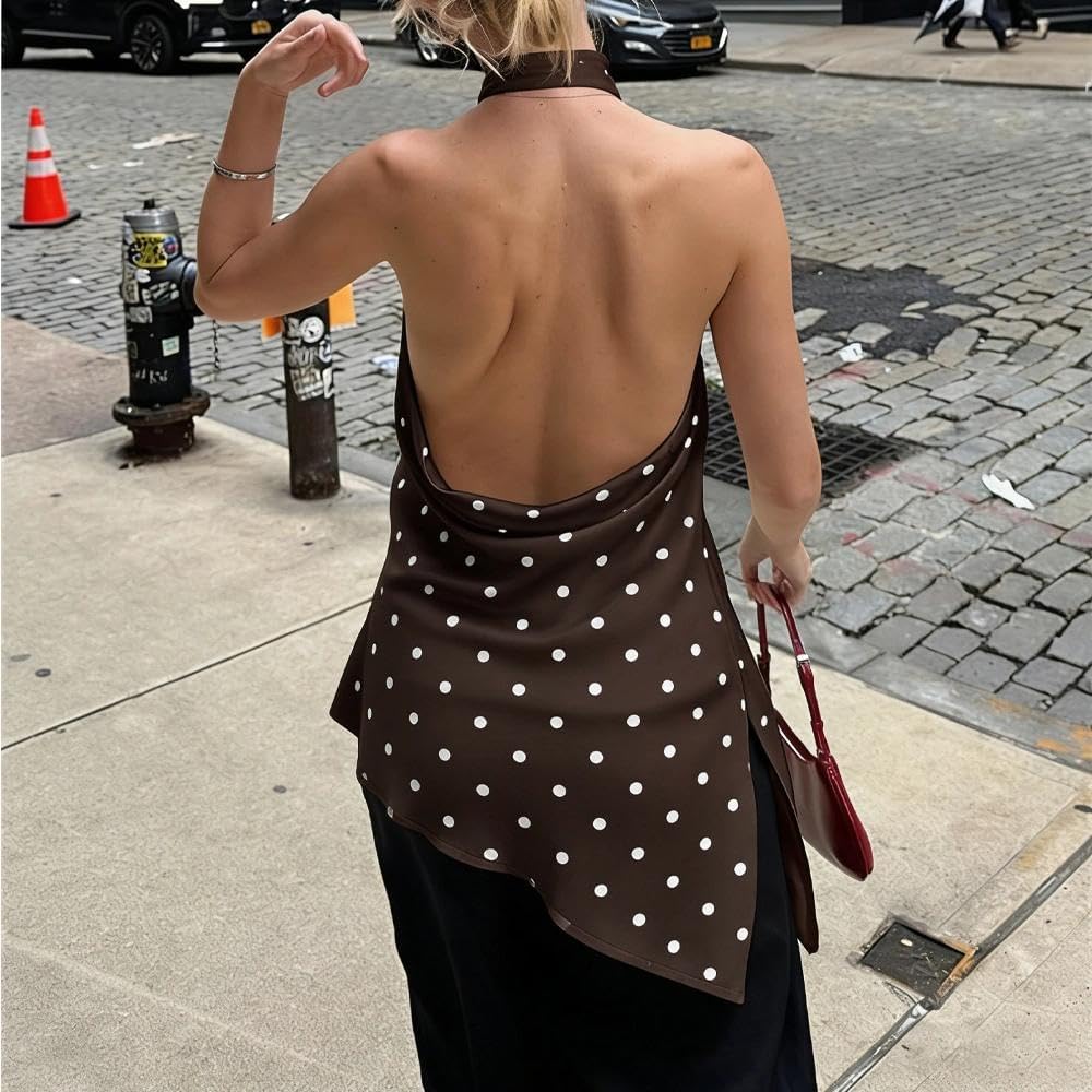 Women Polka Dot Satin Halter Top Backless Side Slit Tank Tops Going Out Clubwear