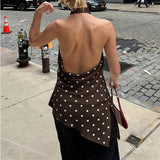 Women Polka Dot Satin Halter Top Backless Side Slit Tank Tops Going Out Clubwear