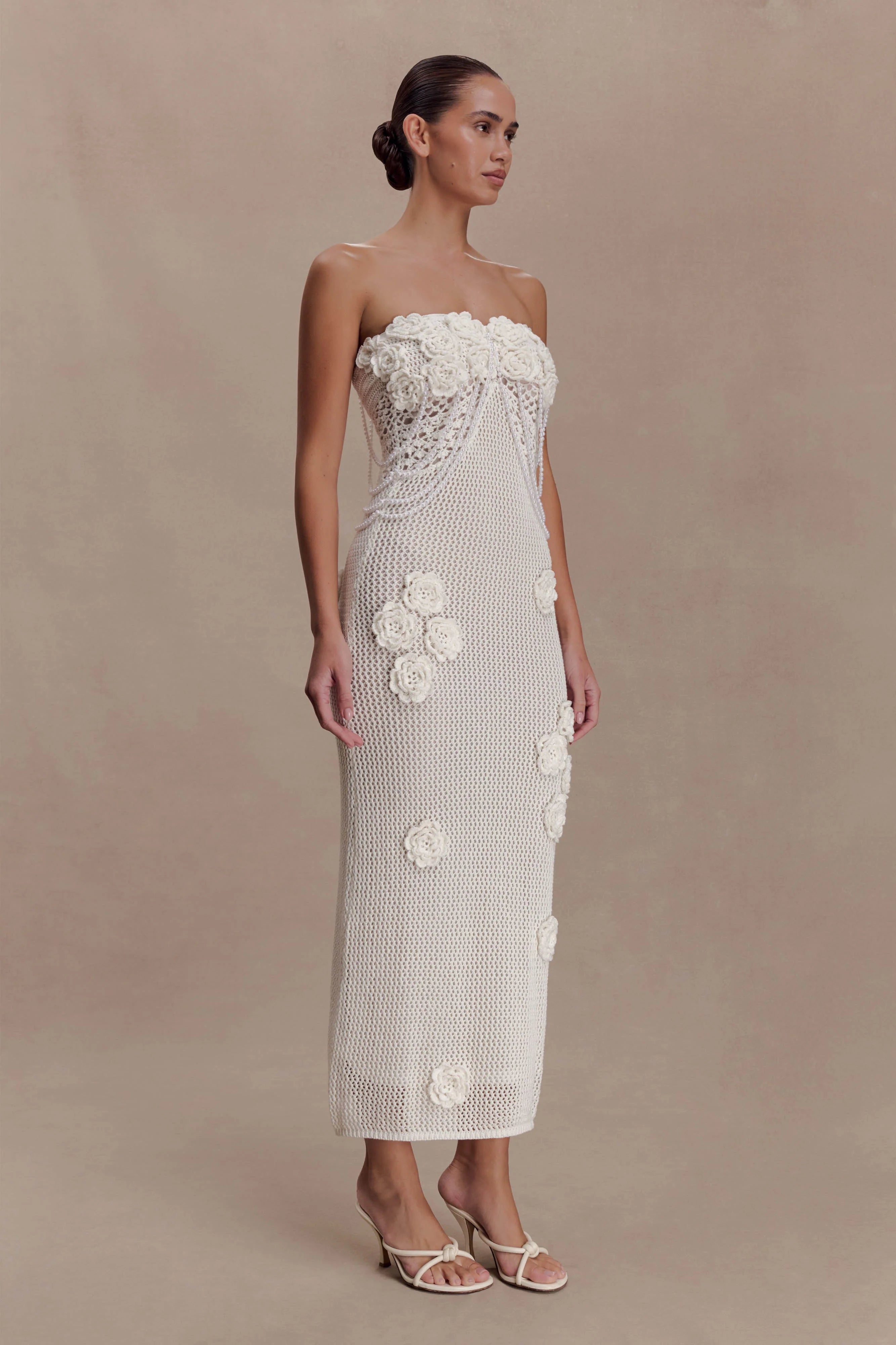 Samantha Crochet Midi Dress With Flowers Ivory
