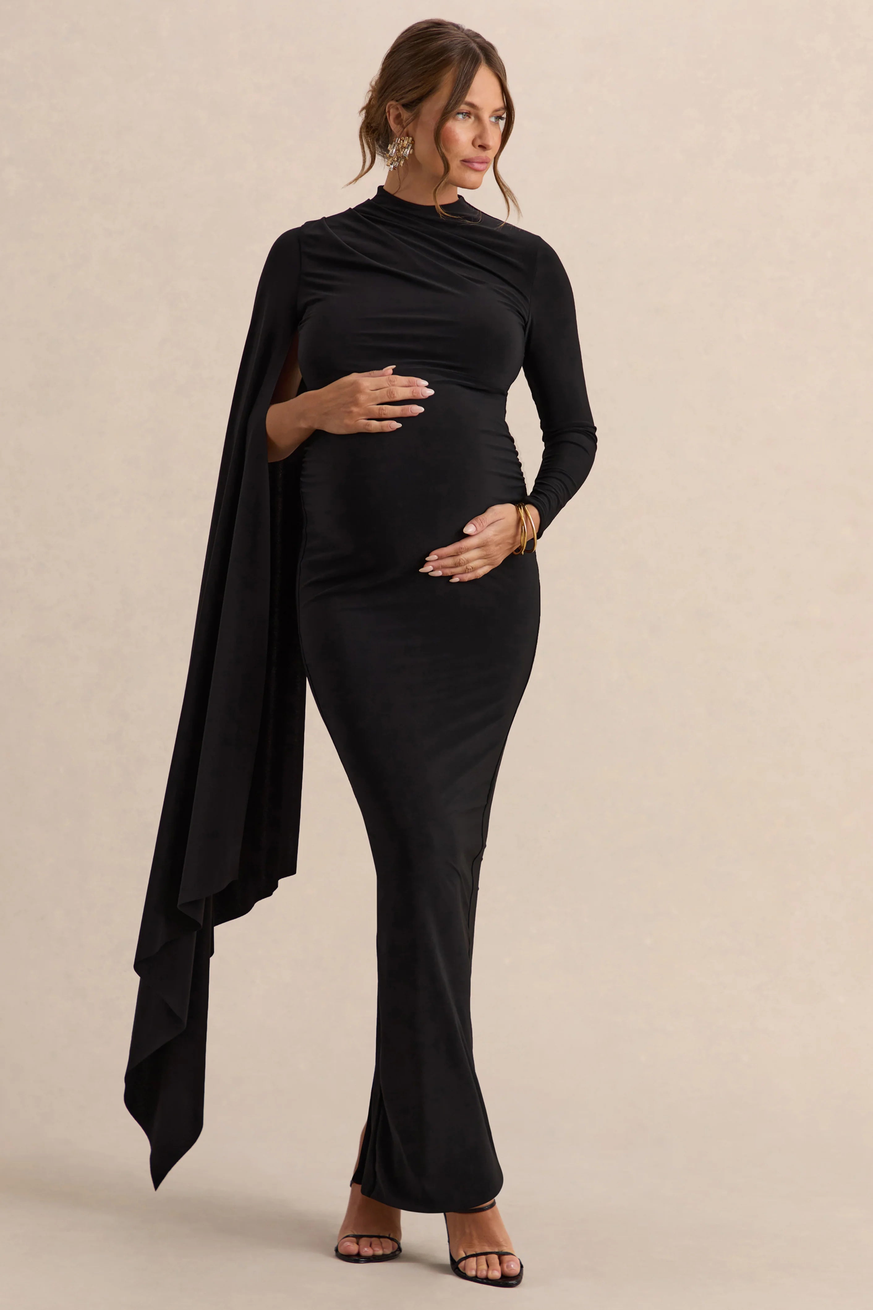 Lavinia Black High Neck Maternity Maxi Dress With Cape Sleeve