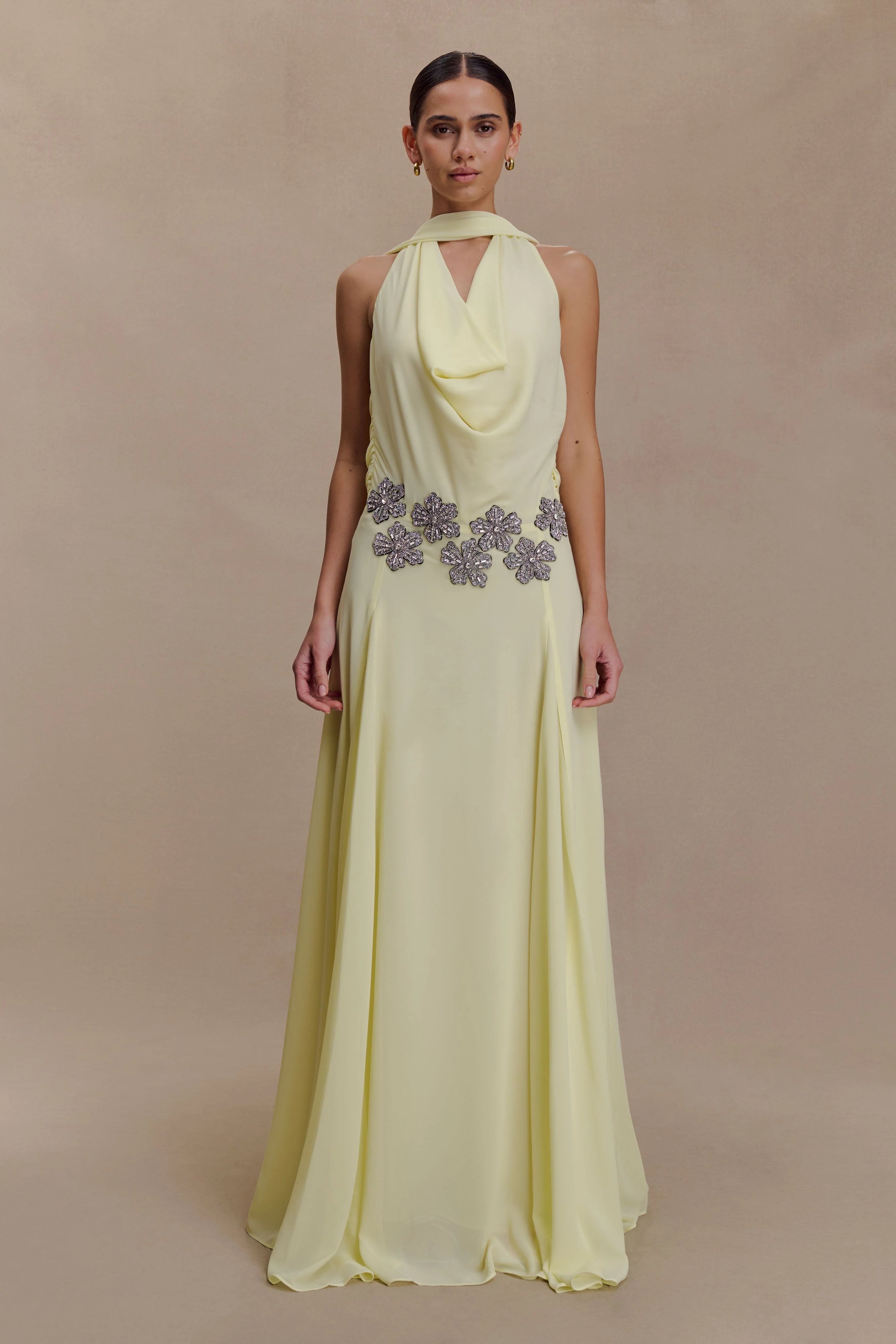 Santal Floral Chiffon Halter Maxi Dress Lemon