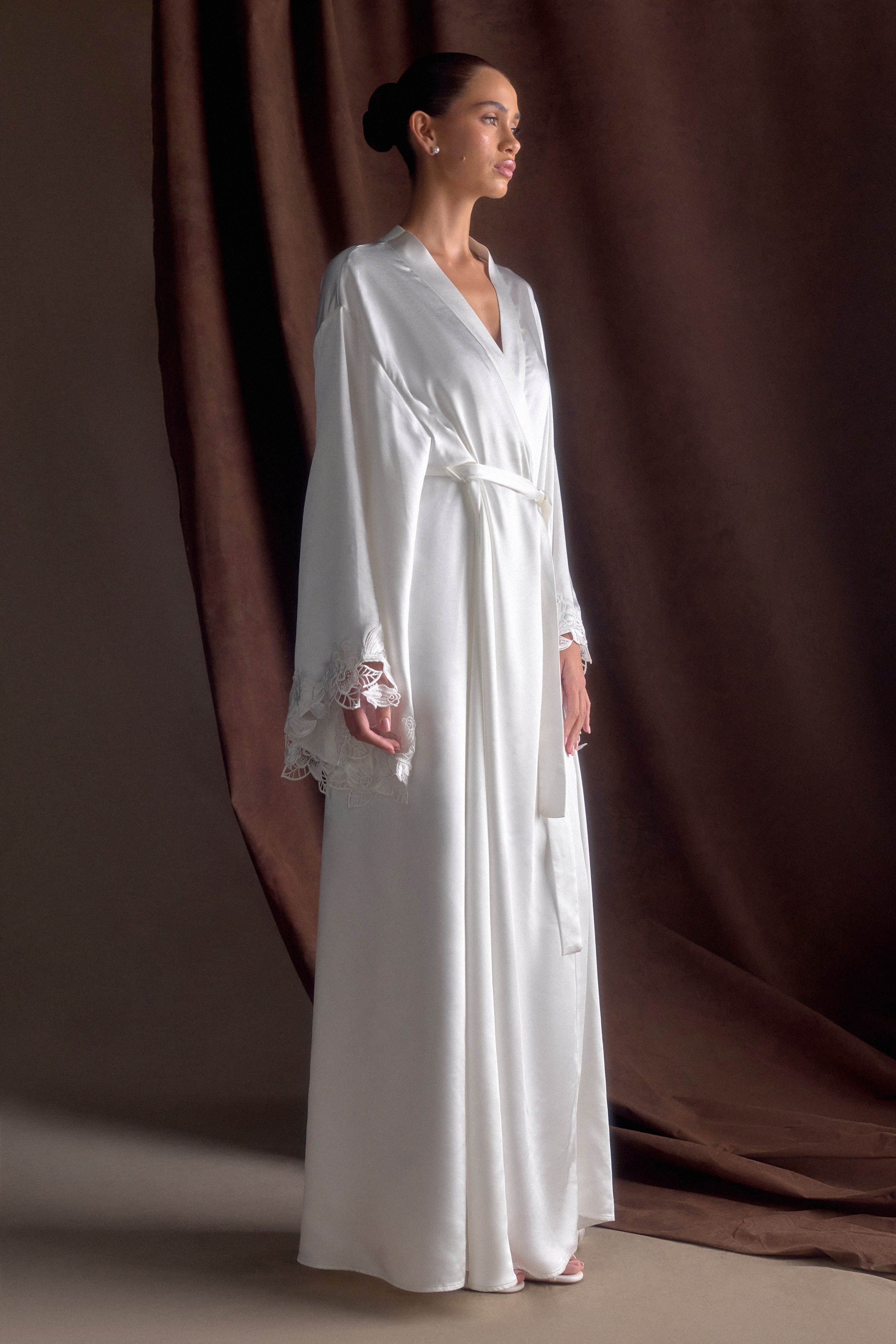 Sullivan Satin Bridal Robe With Lace Ivory