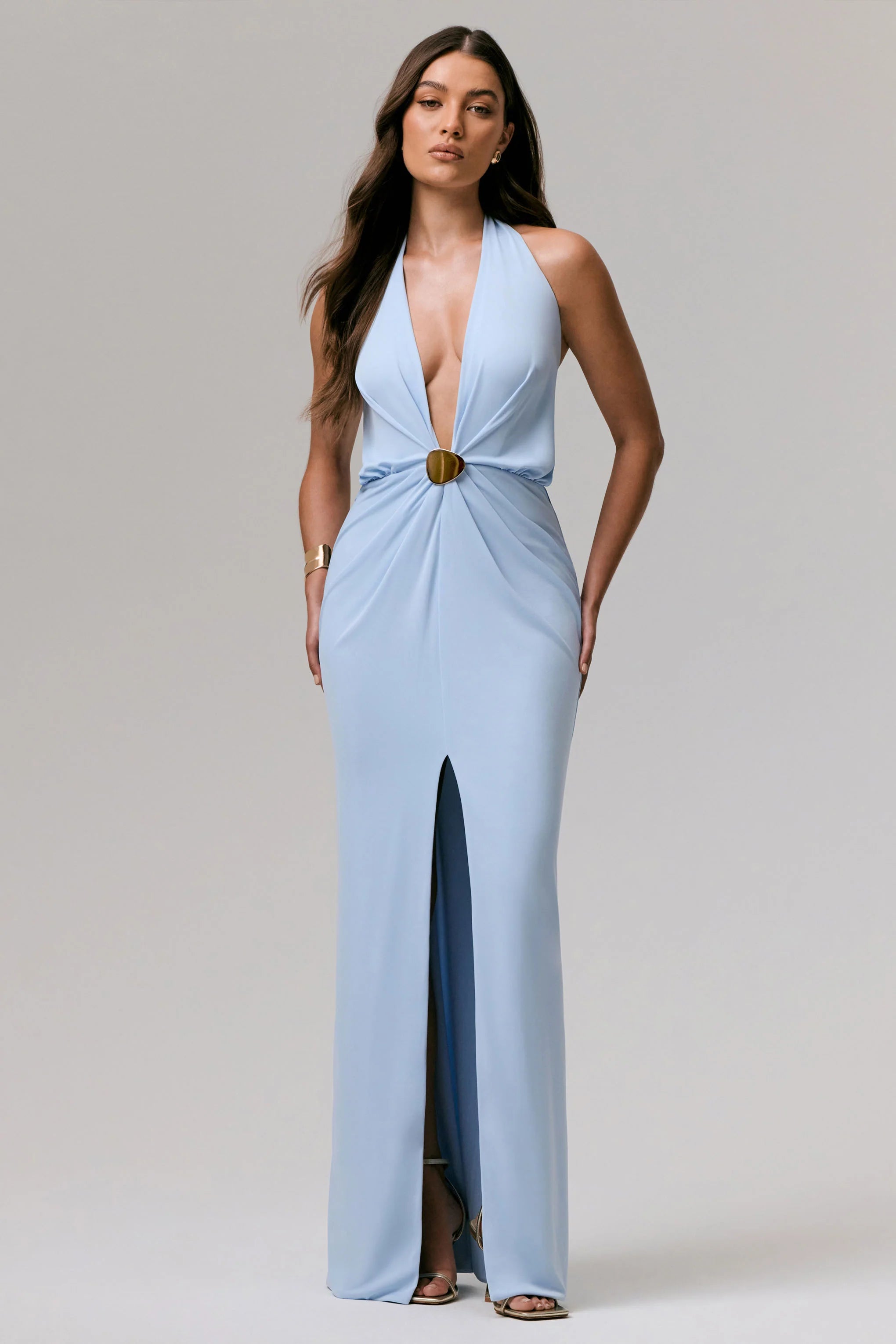 Shooting Star Powder Blue Plunge Neck Wrap Maxi Dress With Waist Detail