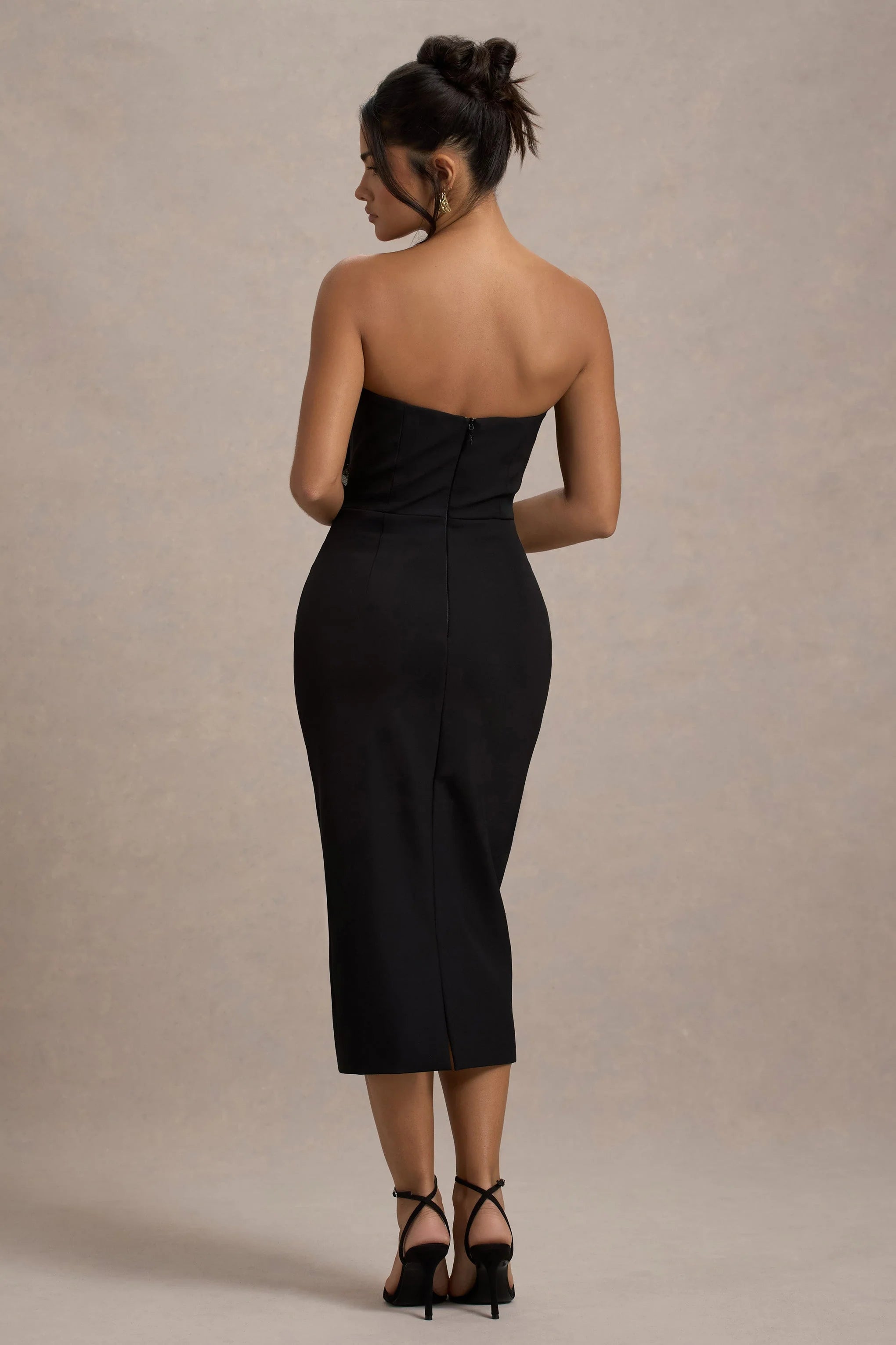 Moya Black Gold Bodycon Midi Dress With Corsage Detail