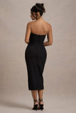Moya Black Gold Bodycon Midi Dress With Corsage Detail