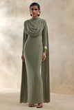 Lysoria Olive High Neck Maxi Dress With Draped Detailing And Cape Sleeves