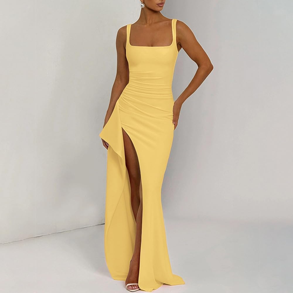 Women Formal Dresses Sleeveless Bodycon Ruched High Slit Sexy Maxi Dress Cocktail Prom