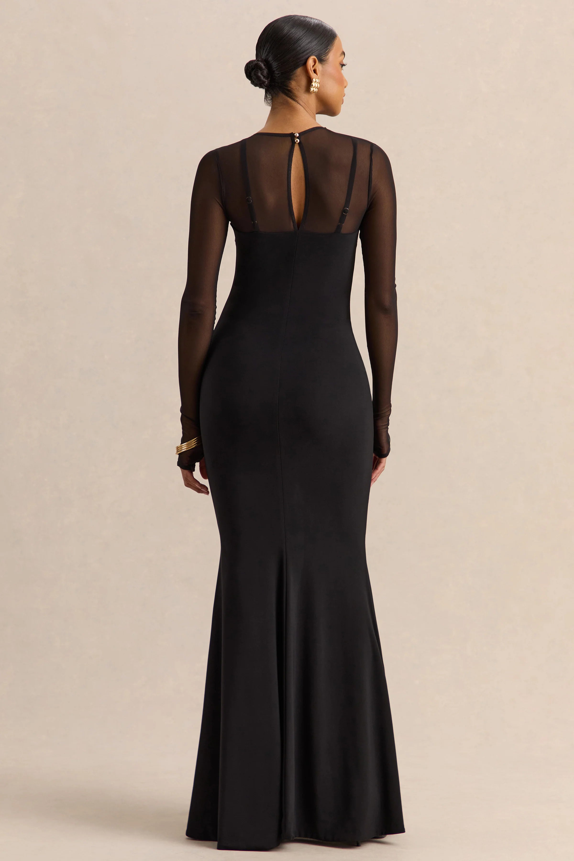 Coralia Black Asymmetric Neck Maxi Dress With Mesh Long Sleeves