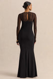 Coralia Black Asymmetric Neck Maxi Dress With Mesh Long Sleeves
