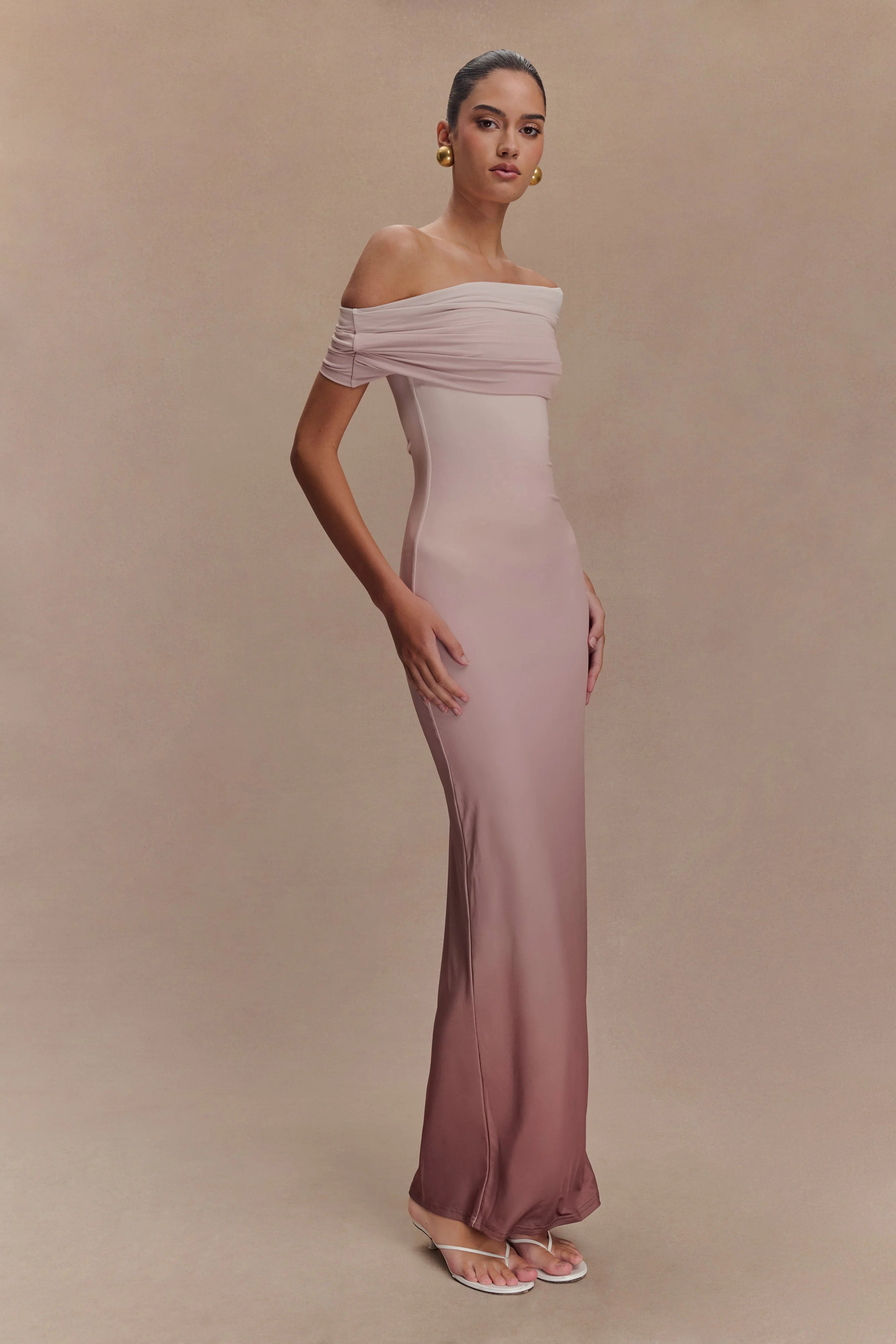 Cassandra Off Shoulder Slinky Maxi Dress Neutral Ombre