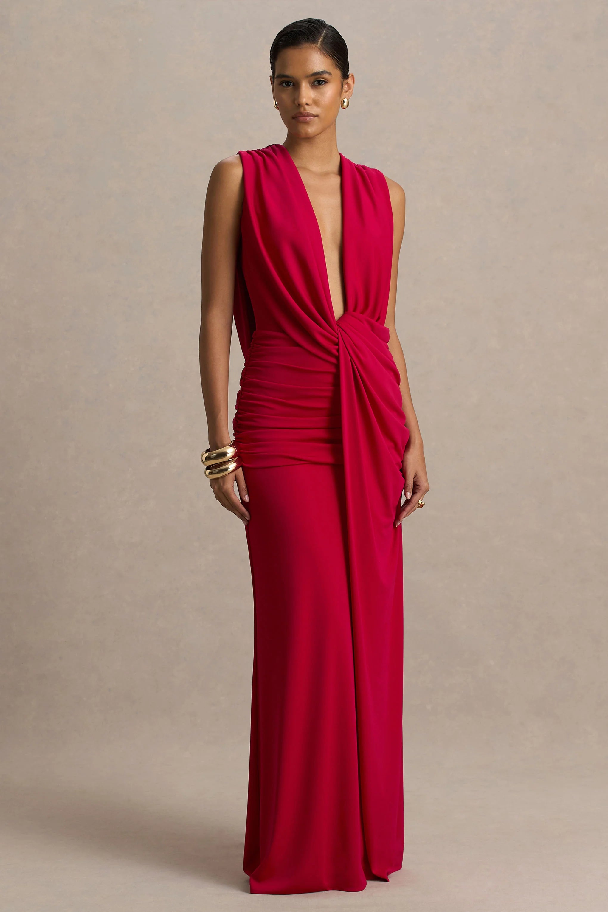 Serafina Red Extreme Plunge Maxi Dress With Ruched Detailing And Open Back