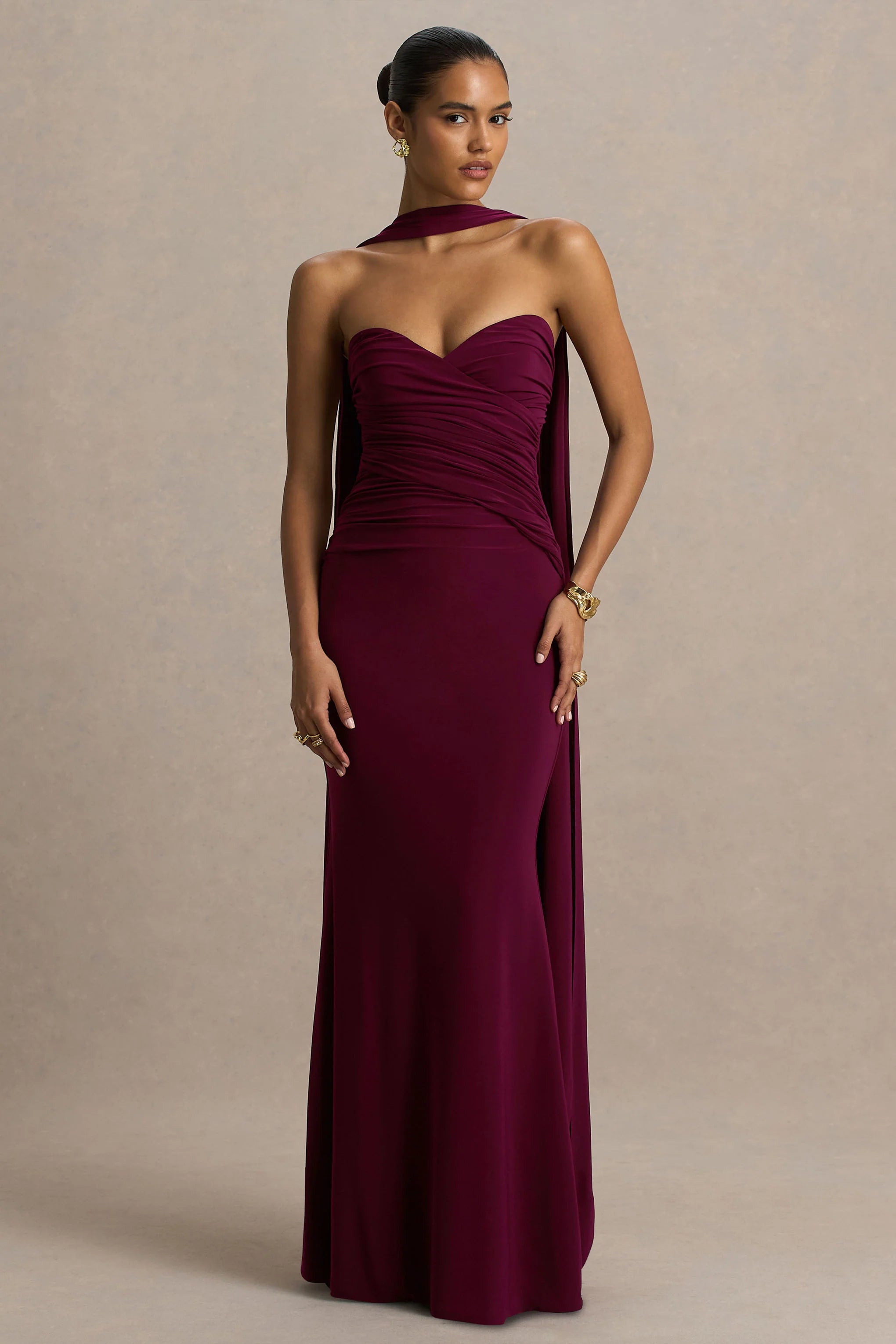 Leila Burgundy Sweetheart Maxi Dress With Scarf