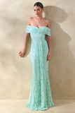 Aries Mint Lace Bardot Neck Maxi Dress With Gathered Detailing