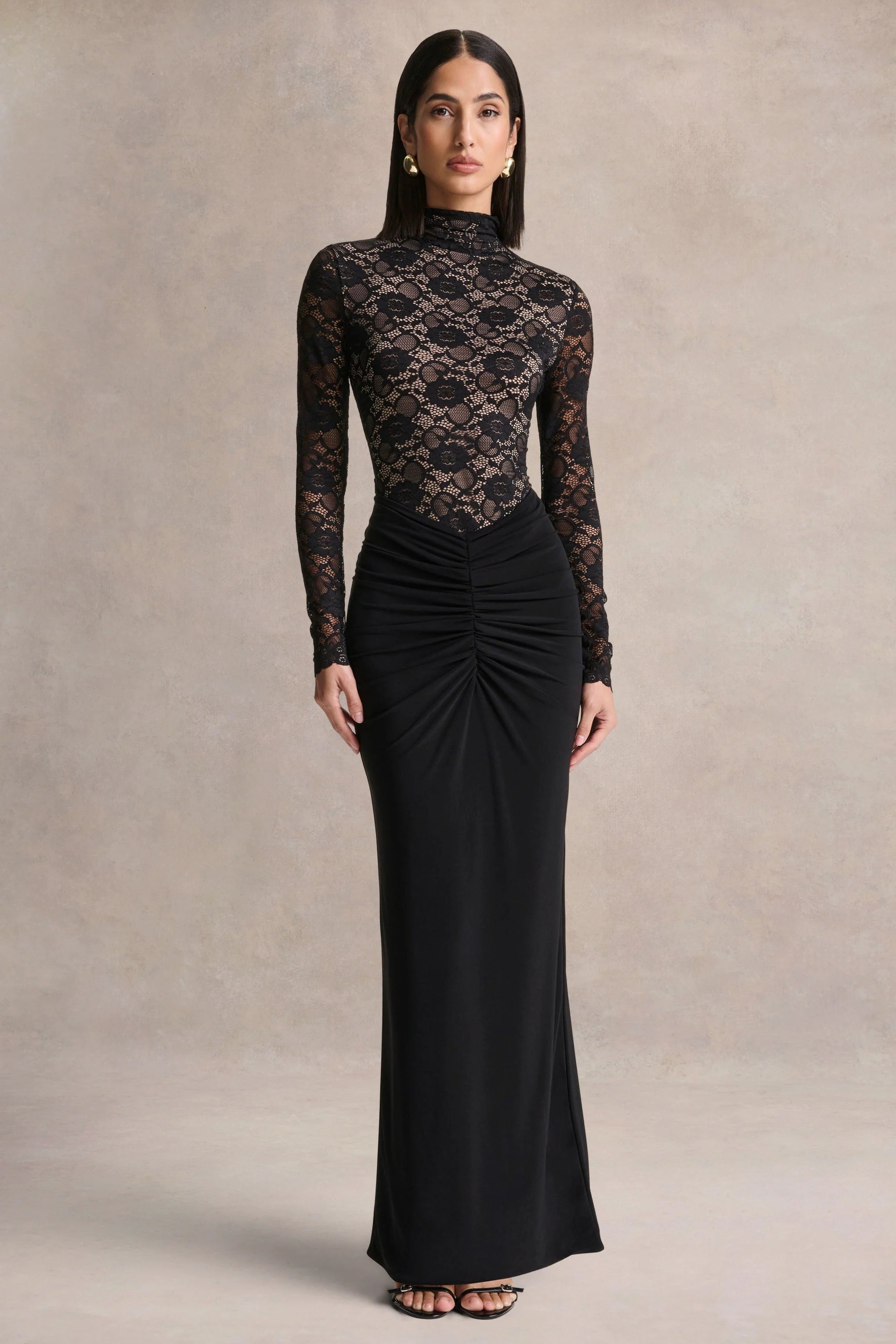 Justina Black High Neck Maxi Dress With Gathered Detailing