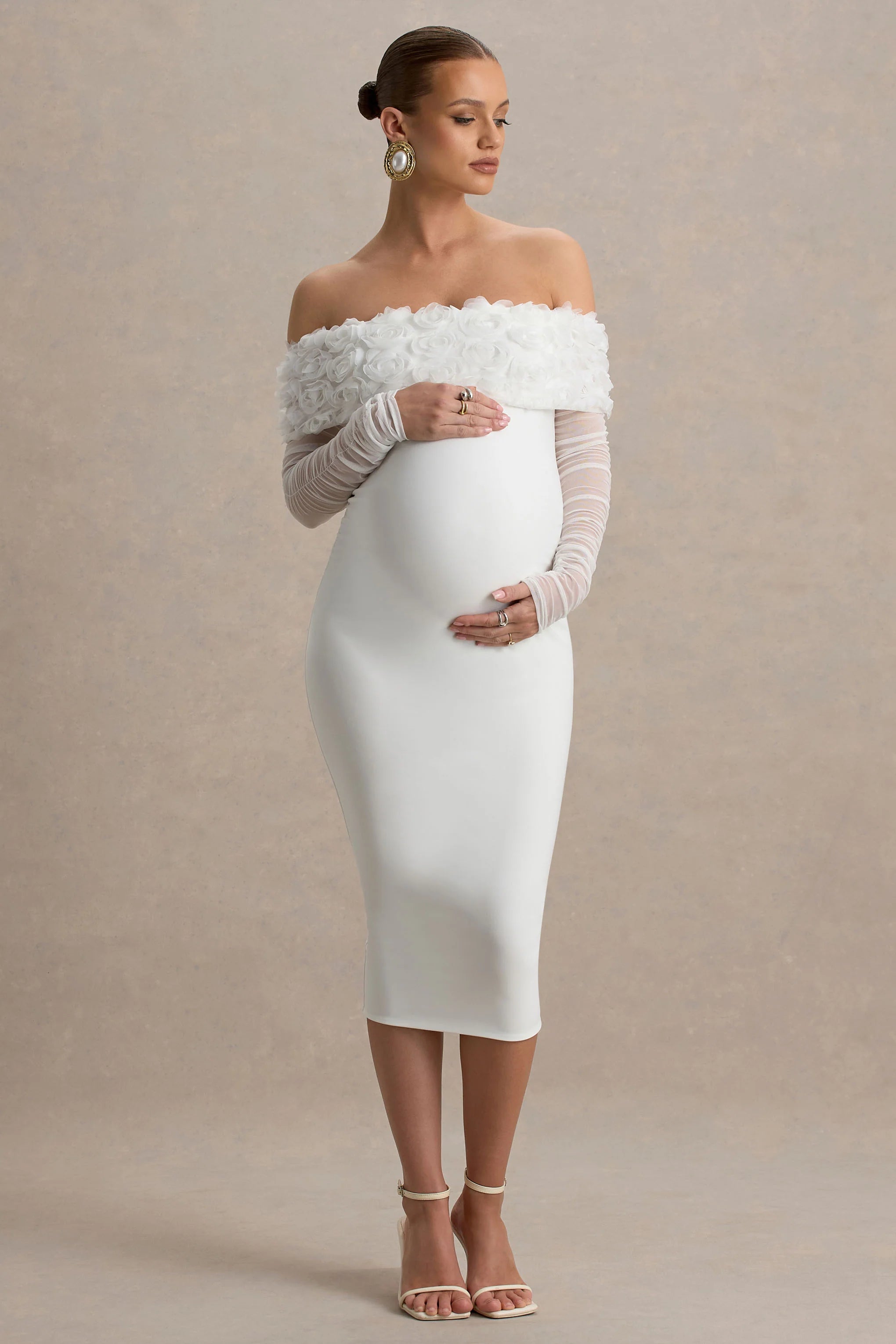 Adita White Mesh Floral Bardot Maternity Midi Dress