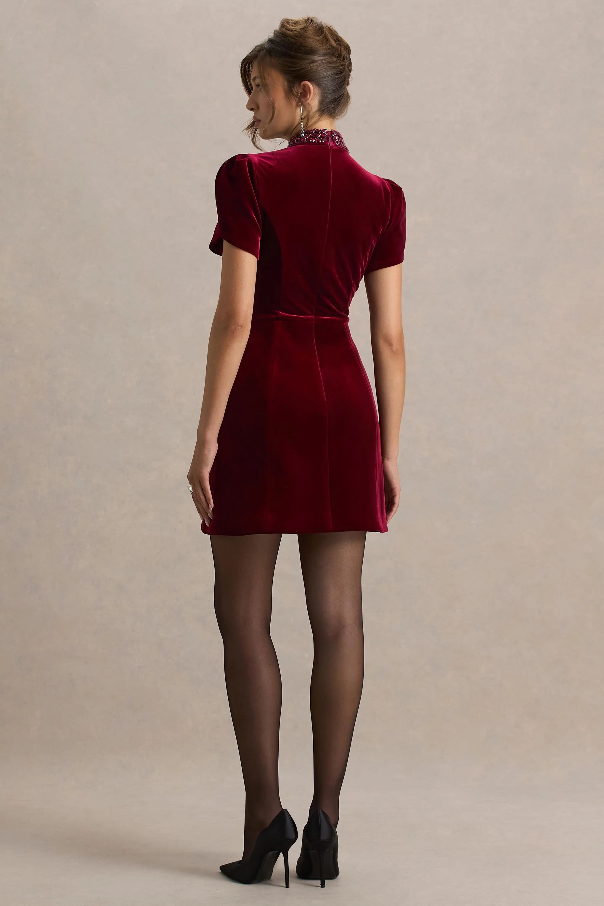 Margot Burgundy High Neck Velvet Mini Dress With Embellished Detail