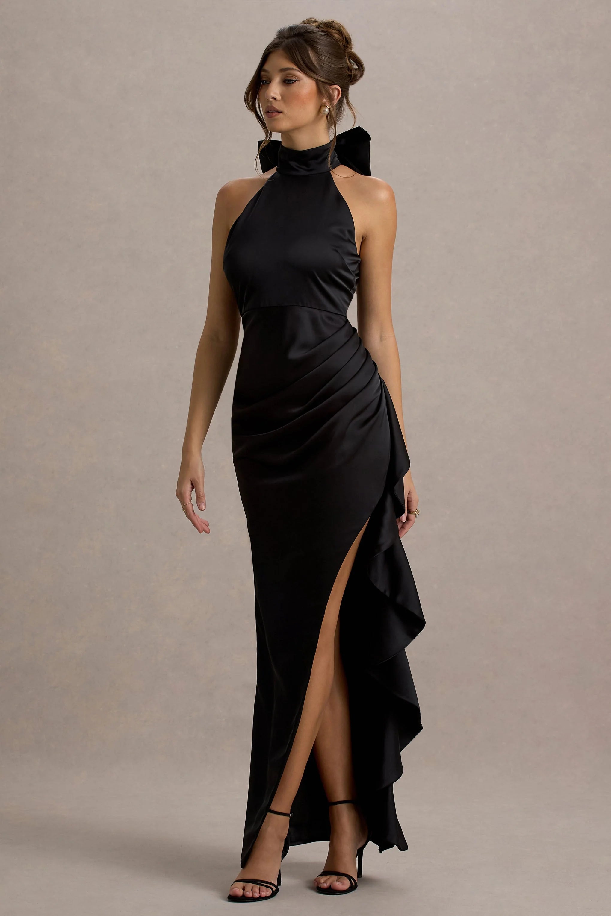 Maureen Black Satin High Neck Draped Maxi Dress