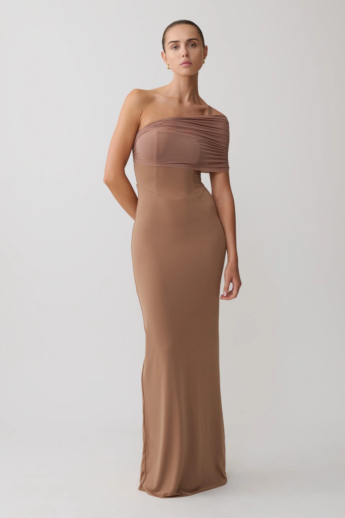 Hanh One Shoulder Mesh Maxi Dress Tan