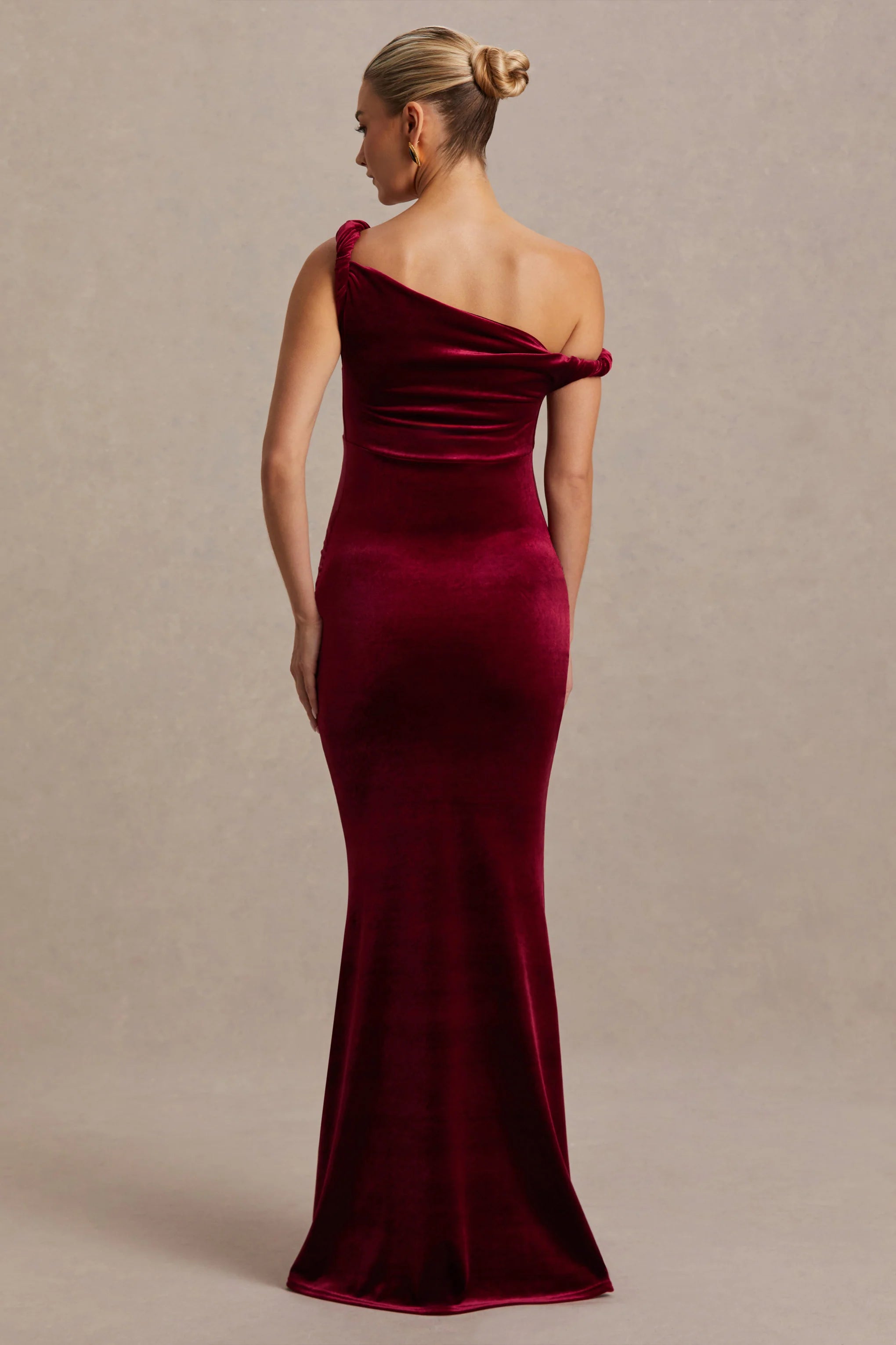 Tallulah Burgundy Velvet Asymmetric Neck Maternity Maxi Dress With Twist Sleeve