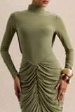 Harmona Olive High Neck Maxi Dress With Gathered And Draped Detailing