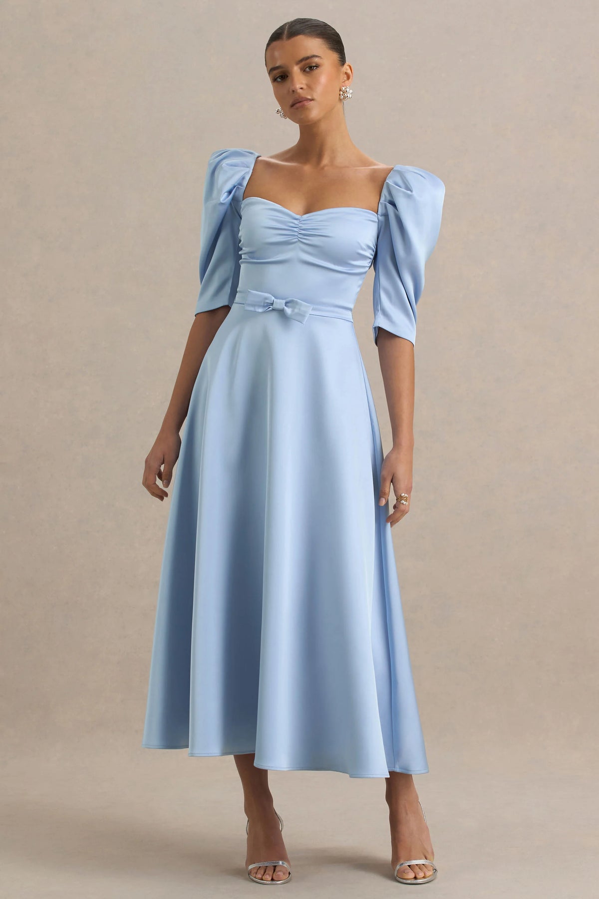 Rosey Powder Blue Satin Sweetheart Midi Dress